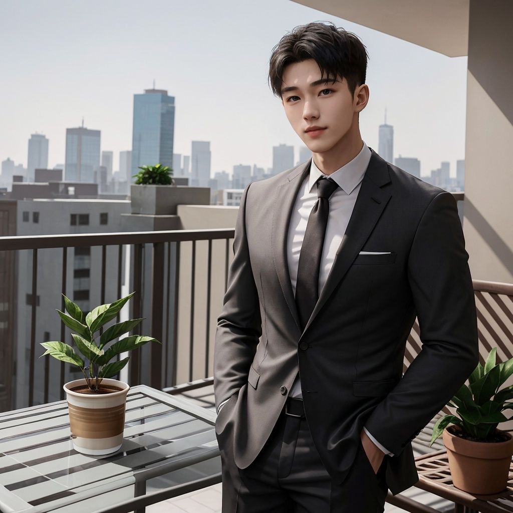 masterpiece, 1 boy, Handsome, Lovely, Muscular development, Pectoralis major, Look at me, Business suit, The city's tall buildings, balcony, There is plenty of sunshine, Light and shadow, Potted plant, Coffee table, Stand, super detail, textured skin, best quality