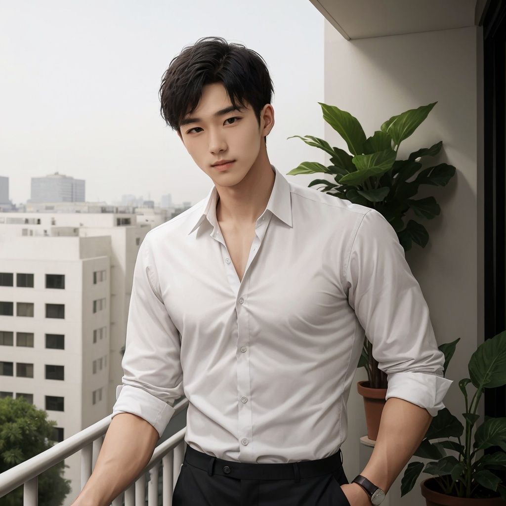 masterpiece, 1 Man, Handsome, Look at me, White shirt, Tie, balcony, Potted plant, Portrait