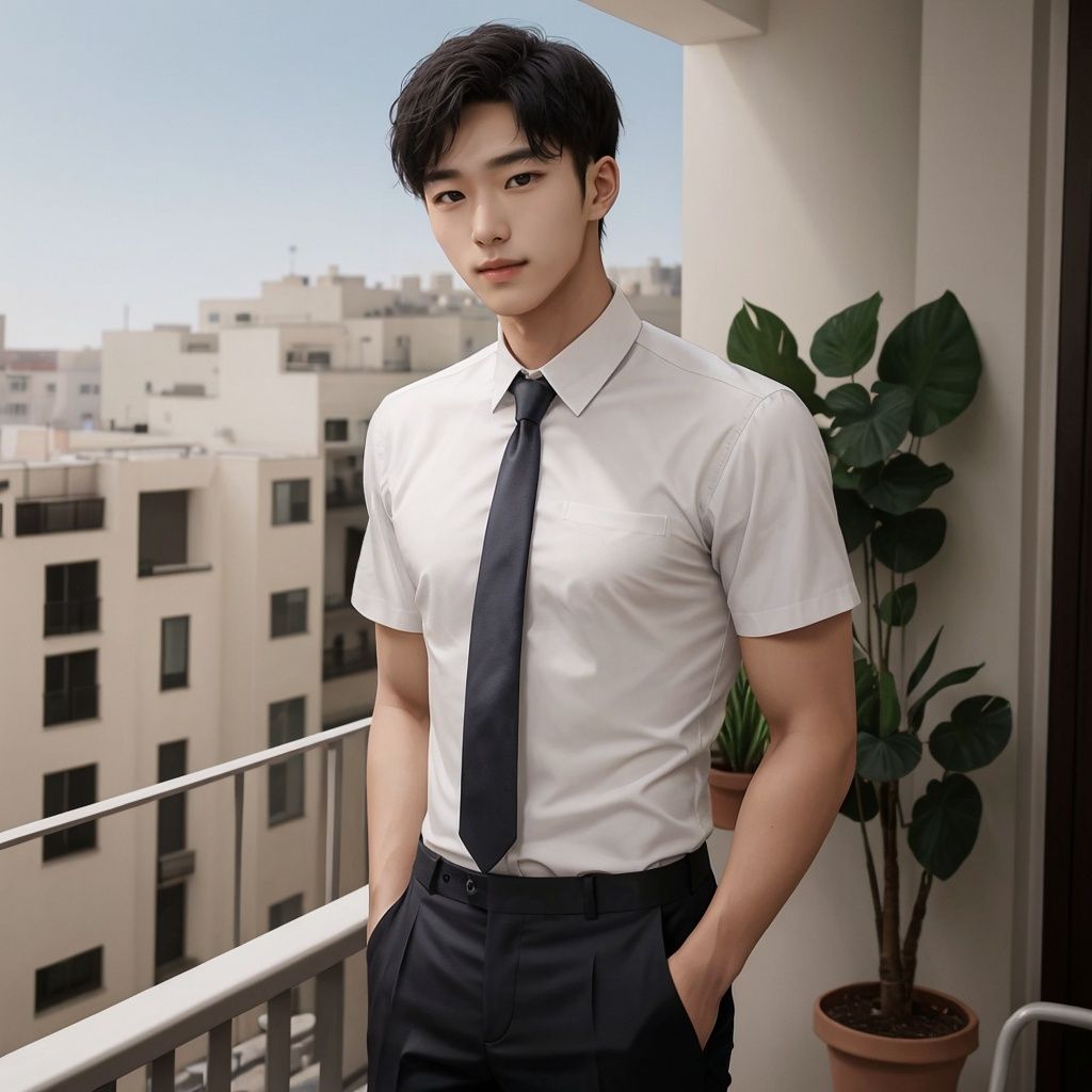masterpiece, 1 Man, Handsome, Look at me, White shirt, Tie, balcony, Potted plant,