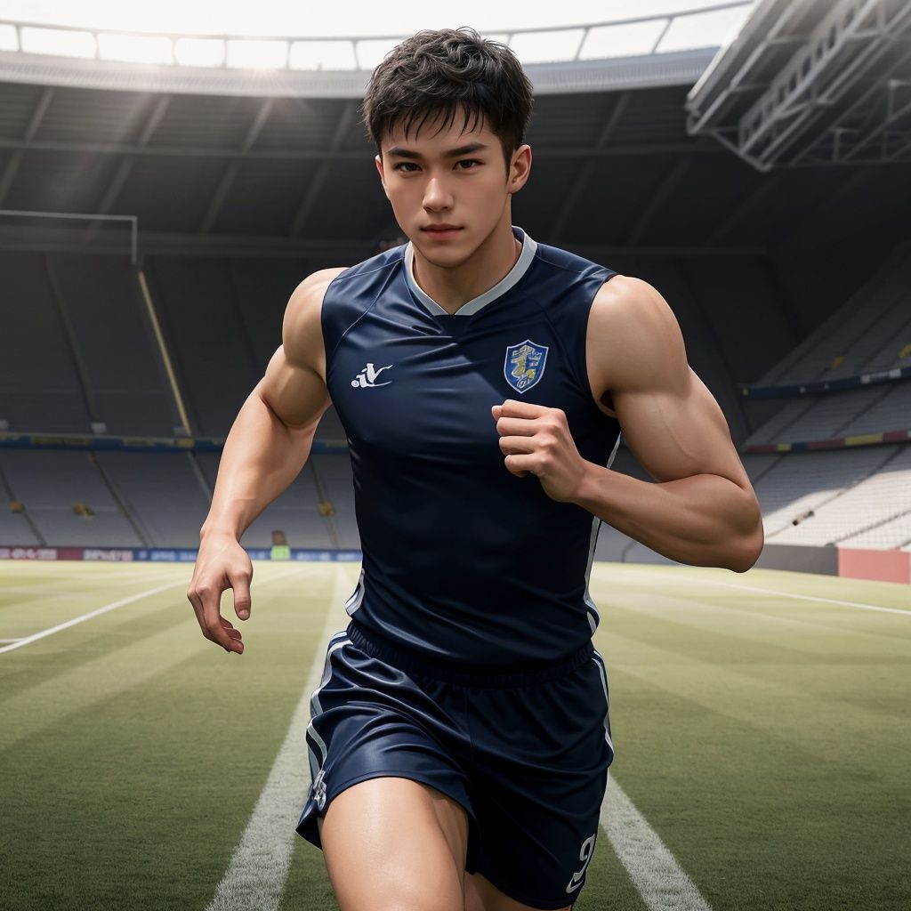 masterpiece, highres, realistic, handsome, photogenic, masculine, big muscles, (tight gymsuit:0.8), running in middle of soccer field blushing from embarrassment, HDR, octane, Stadium lighting, dinamic light, sunkisses, ringlights, sunshine, high detailed skin, high detailed face, best quality, 8k