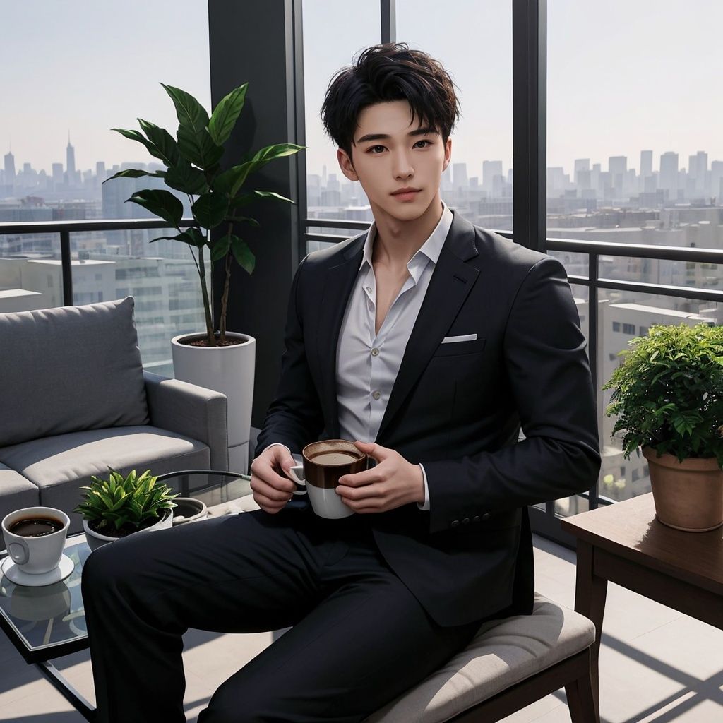 masterpiece, 1 boy, Handsome, Lovely, Muscular development, Pectoralis major, Look at me, Business suit, The city's tall buildings, balcony, There is plenty of sunshine, Light and shadow, Potted plant, Coffee table, Stand, super detail, textured skin, best quality