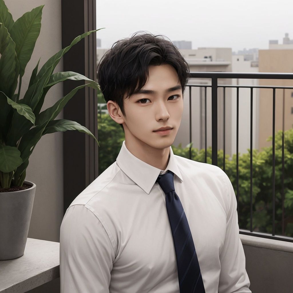 masterpiece, 1 Man, Handsome, Look at me, White shirt, Tie, balcony, Potted plant, Portrait