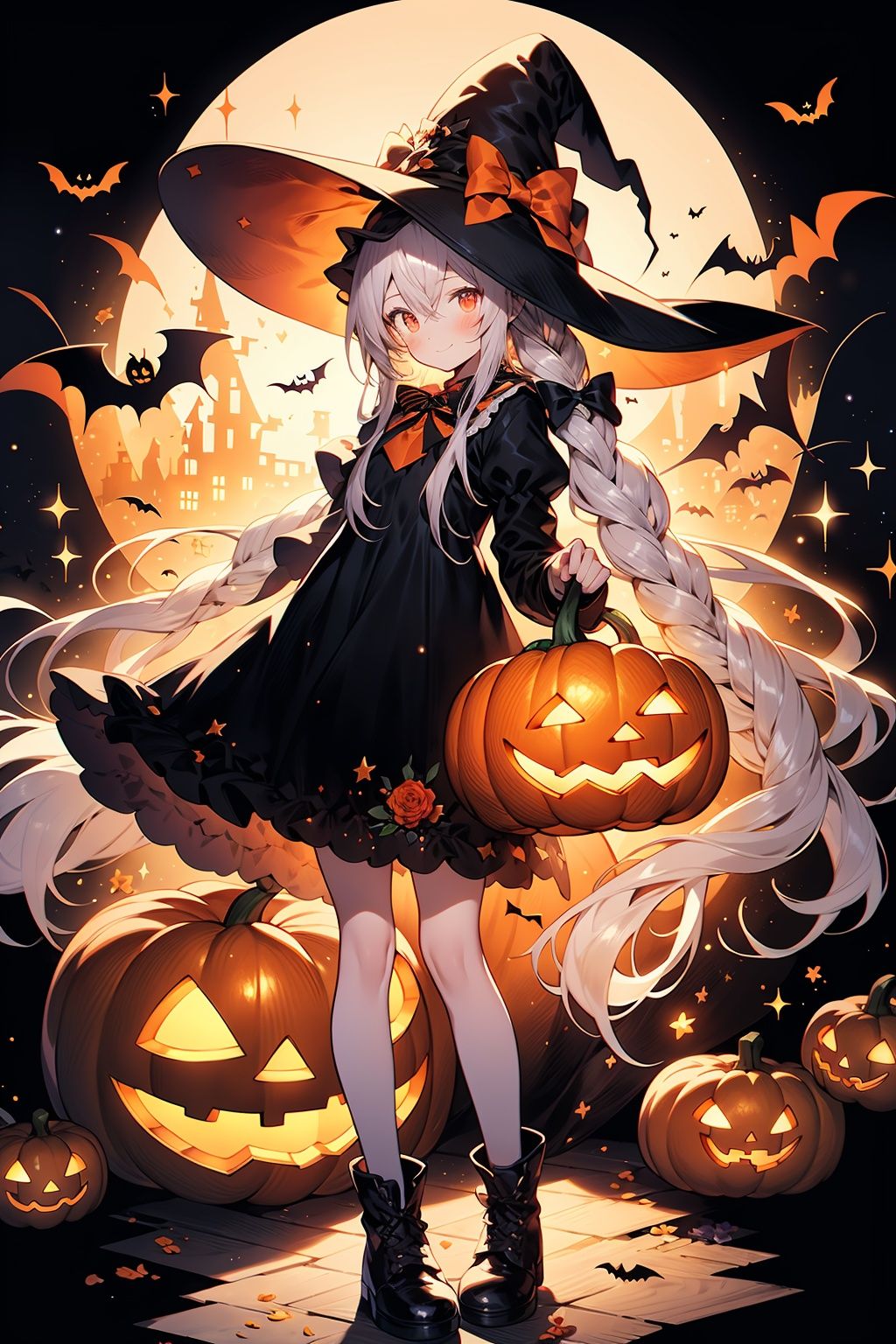 WANSHENG, 1girl, hat, solo, witch hat, long hair, bow, flower, black headwear, boots, long sleeves, black footwear, very long hair, socks, butterfly, looking at viewer, bangs, hair bow, black bow, holding, dress, full body, halloween, white hair, closed mouth, rose, standing, witch, black dress, braid, sparkle, bowtie, blush, frills, hair ornament, jack-o'-lantern, hair between eyes, hat flower, orange eyes, red eyes, red flower, puffy sleeves, striped bow