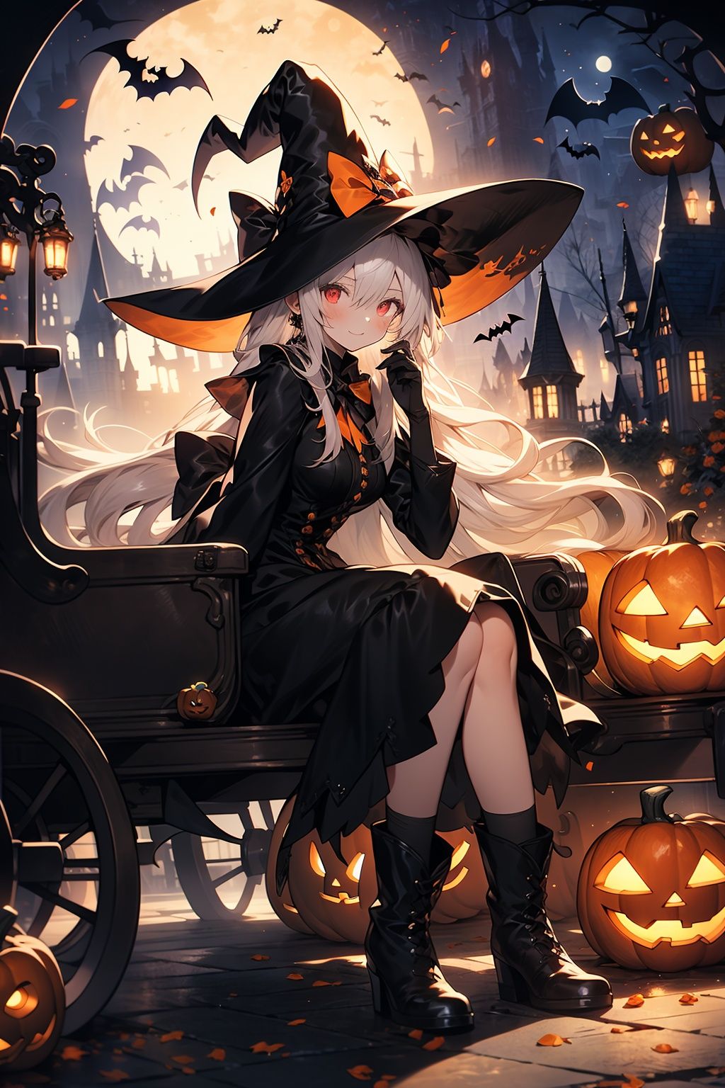 WANSHENG, 1girl, hat, long hair, sitting, boots, red eyes, gloves, looking at viewer, witch hat, solo, black headwear, outdoors, jack-o'-lantern, dress, bow, white hair, black gloves, night, witch, halloween, holding, suitcase, petals,carriages,sitting in carriages.