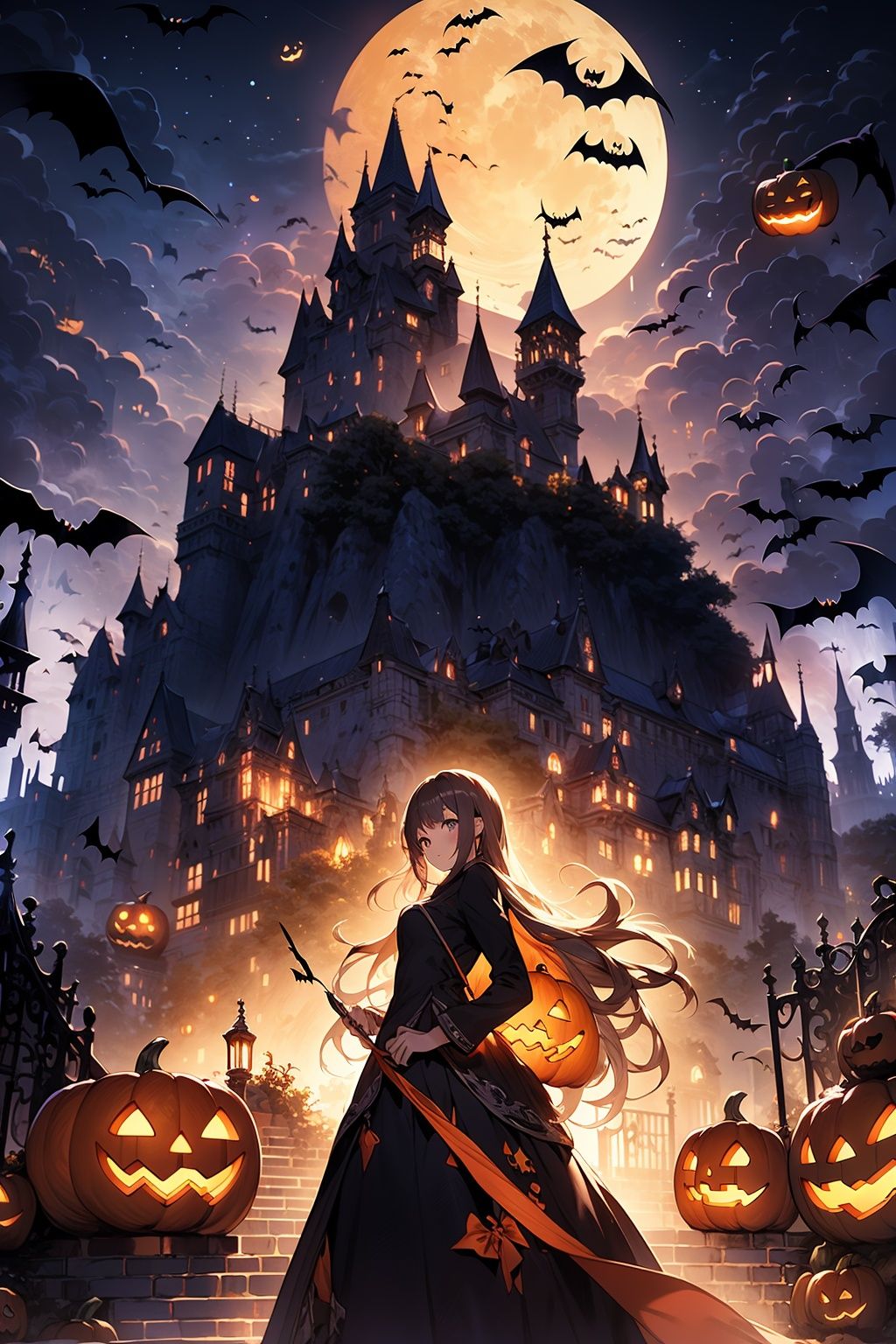WANSHENG, 1girl, long hair, solo, halloween,standing in front of the castle, the castle