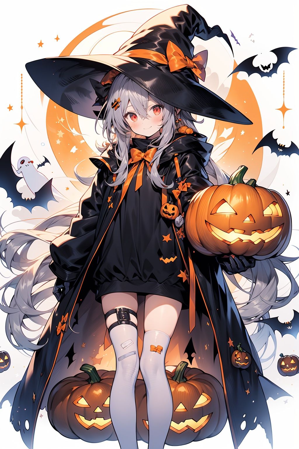 WANSHENG, 1girl, long hair, holding, gloves, solo, halloween, red eyes, looking at viewer, hat, jack-o'-lantern, hair ornament, ghost, bangs, witch hat, smile, very long hair, pumpkin, bandaid, bandaid on leg, feet out of frame, bow, orange bow, long sleeves, black gloves, black headwear, white background, coat, black coat, cat, animal, blush, jacket, standing, hair between eyes