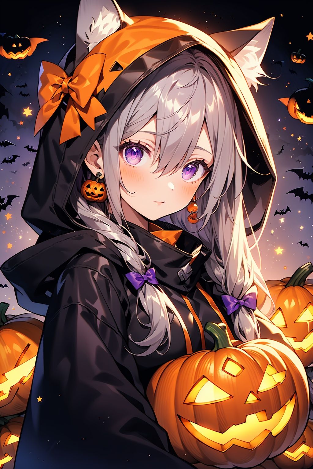 WANSHENG, 1girl, solo, hood, looking at viewer, halloween, earrings, upper body, jewelry, blush, long hair, bow, bangs, orange bow, jack-o'-lantern, closed mouth, animal ears, hood up, hair between eyes, purple eyes, cloak, grey hair, pumpkin, halloween costume