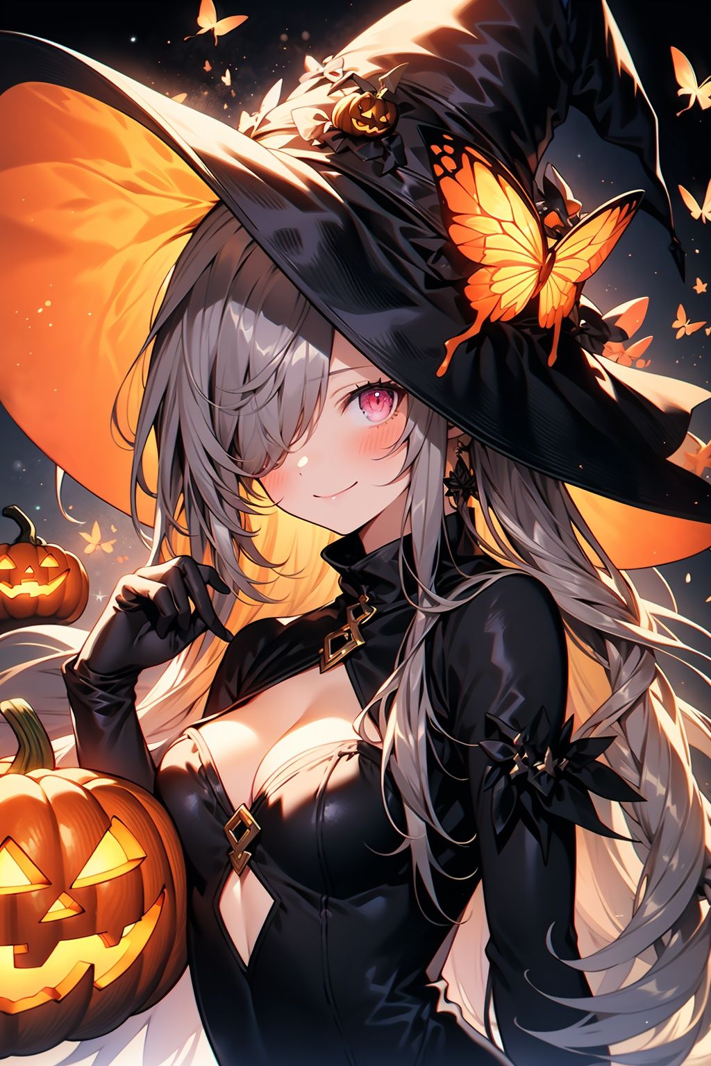 WANSHENG, 1girl, hat, solo, gloves, breasts, long hair, black gloves, witch hat, looking at viewer, black headwear, dress, hair over one eye, jack-o'-lantern, black dress, bug, halloween, smile, cleavage, upper body, medium breasts, grey hair, butterfly, witch, closed mouth, hand up, pumpkin, pink eyes, blush, clothing cutout