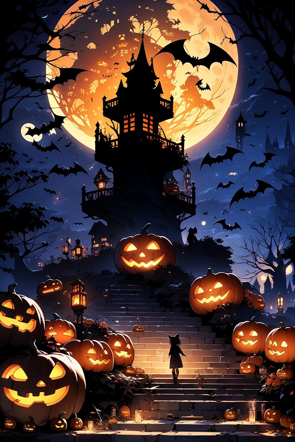 WANSHENG, jack-o'-lantern, halloween, tree, stairs, pumpkin, scenery, outdoors, night, from behind, standing, sky, solo, bare tree, silhouette, bat \(animal\), star \(sky\), glowing, moon, 1other, holding