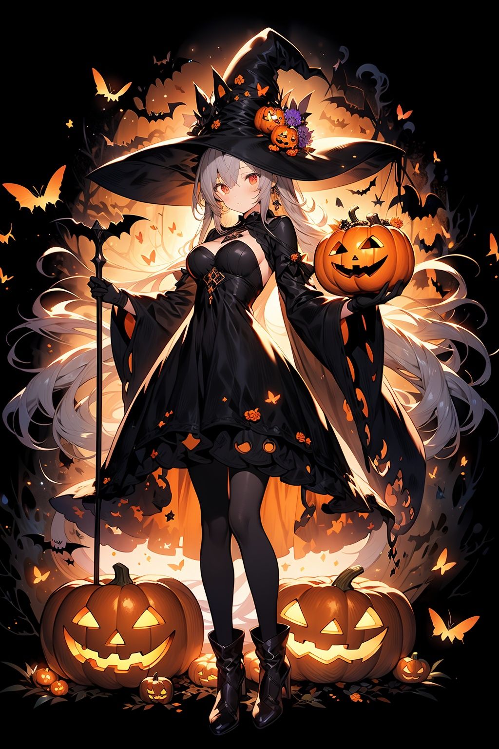 WANSHENG, 1girl, hat, solo, long hair, dress, witch hat, bug, butterfly, holding, black dress, looking at viewer, black footwear, jack-o'-lantern, very long hair, red eyes, flower, black headwear, witch, full body, hat flower, long sleeves, halloween, bangs, grey hair, frills, closed mouth, bow, breasts, gloves, high heels, orange flower, pumpkin, standing, black background, boots, pantyhose, black gloves, fire, wide sleeves, black pantyhose, long dress, staff, frilled dress