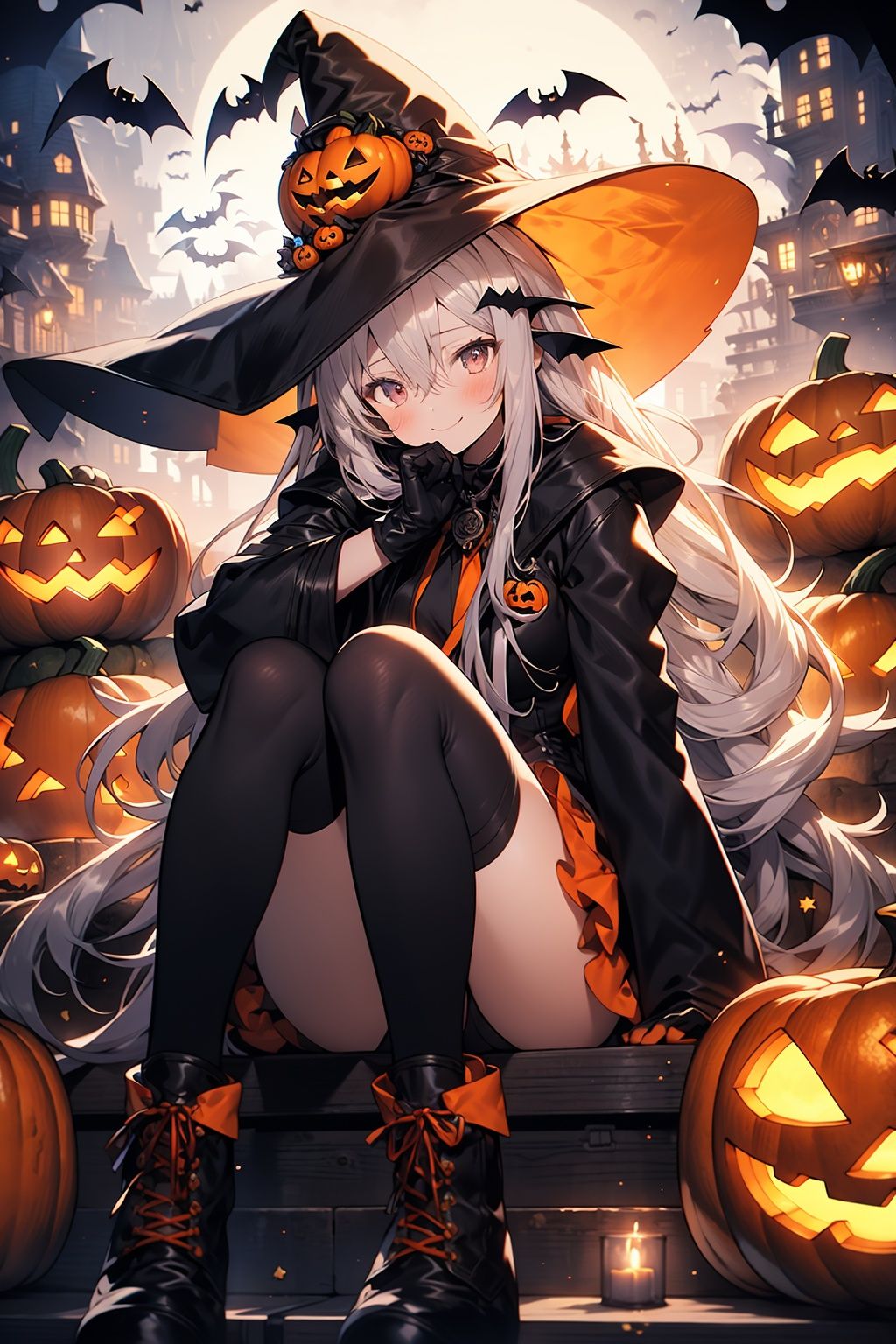 WANSHENG, 1girl, hat, gloves, long hair, witch hat, smile, solo, looking at viewer, sitting, halloween, lantern, black gloves, jack-o'-lantern, dress, black headwear, bangs, outdoors, pumpkin, witch, bat \(animal\), boots, hair between eyes, blush, hair ornament, closed mouth, head tilt, white hair, building, orange dress, wide sleeves, thighhighs