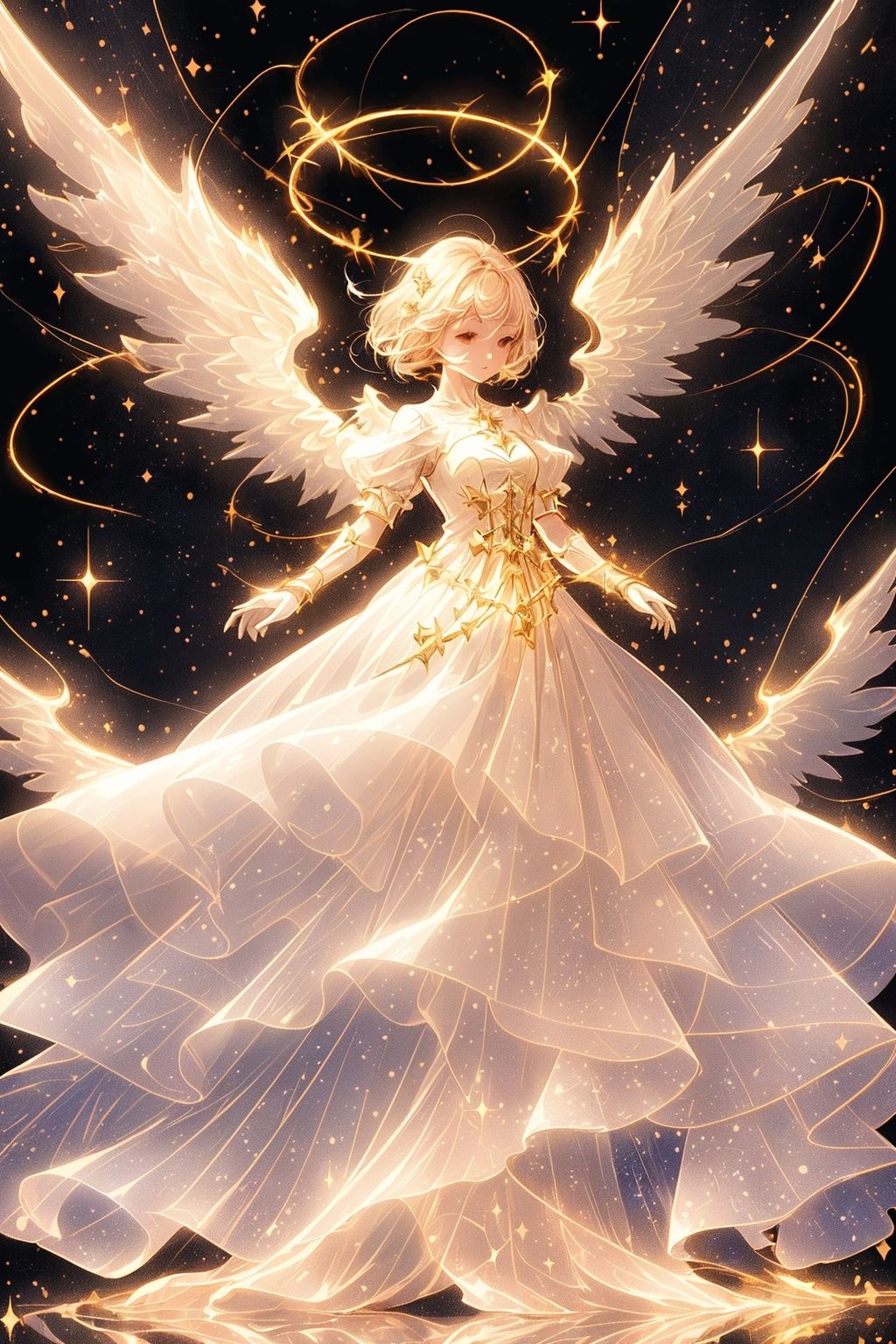  Best quality, 8k, cg,A girl formed by light,solo,glowing,light,A dress formed by light,starry_background,Angel wings formed by light,front