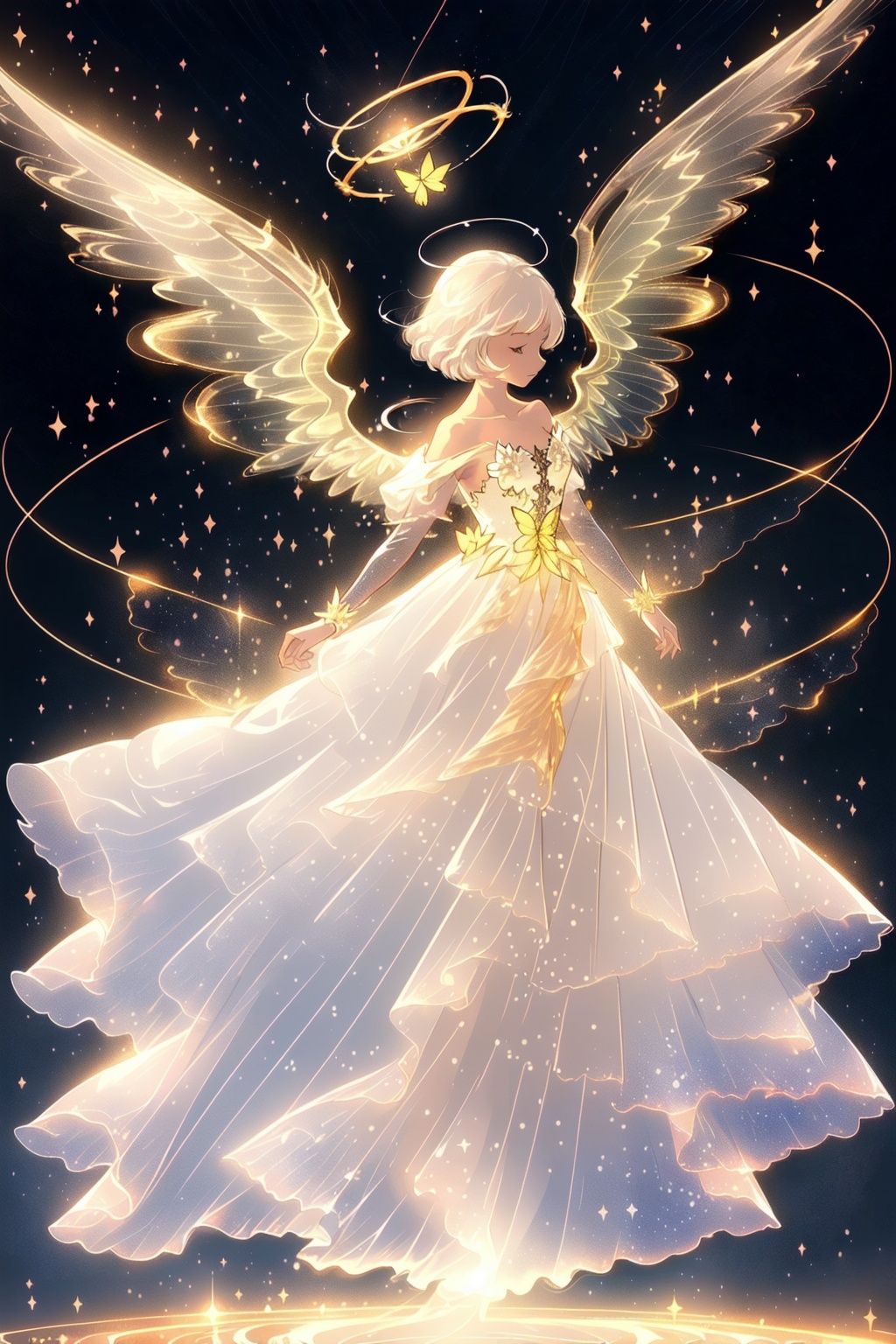  Best quality, 8k, cg,A girl formed by light,solo,glowing,light,A dress formed by light,starry_background,Angel wings formed by light,front,halo,bare_shoulders,hirschgeweih_antennas,magic,glowing_butterfly