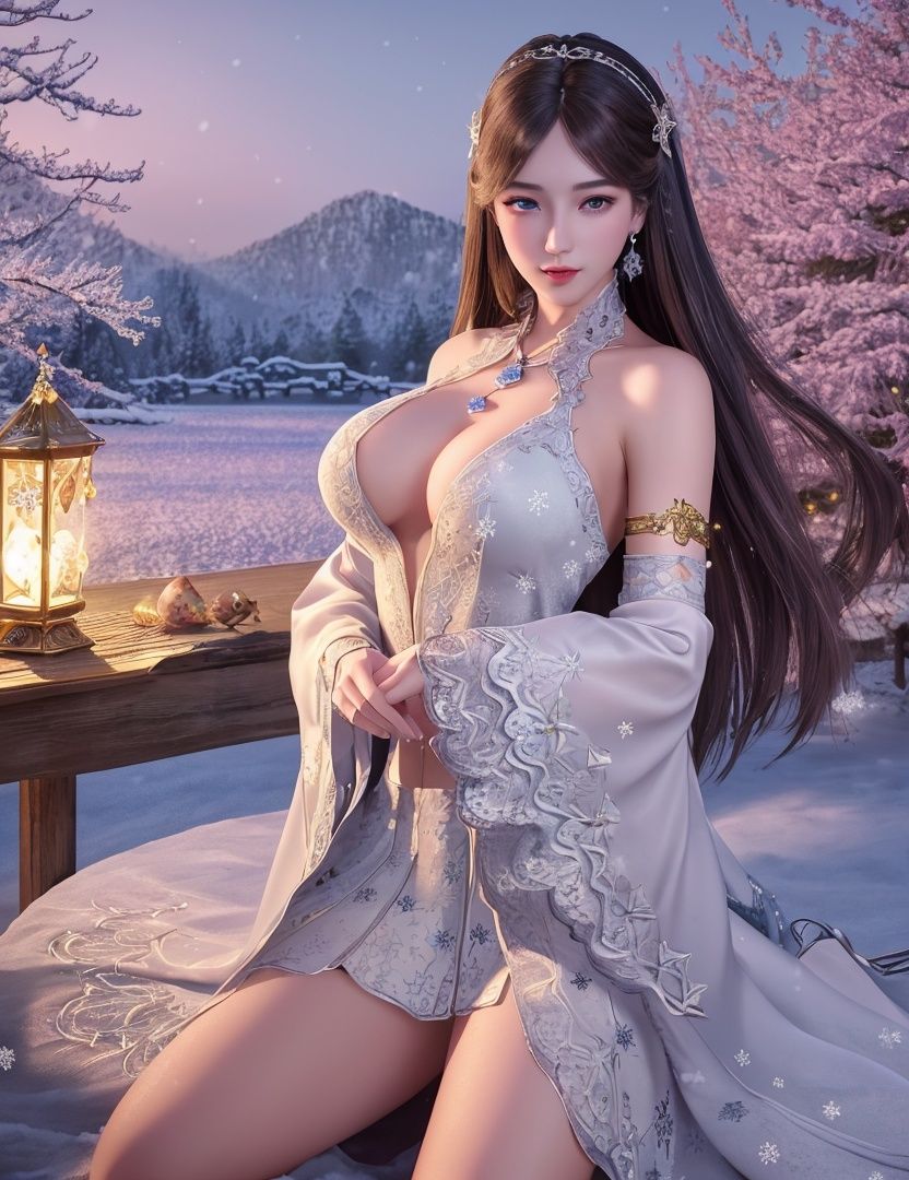 ultra realistic 8k cg, flawless, clean, masterpiece, professional artwork, famous artwork, cinematic lighting, cinematic bloom, perfect face, beautiful face, fantasy, dreamlike, unreal, science fiction,   lace, lace trim, lace-trimmed legwear, luxury, jewelry, diamond, gold, pearl, gem, sapphire, ruby, emerald, intricate detail, delicate pattern, charming, alluring, seductive, erotic, enchanting, hair ornament, necklace, earrings, bracelet, armlet,halo,autumn,((,1girl, pov,best quality, ))  , ((((1girl, solo,outdoors, large breasts,,snowflakes,  snow, snowing,  plum blossoms,  ))))<lora:DA_NingRongRong2.0:0.6>