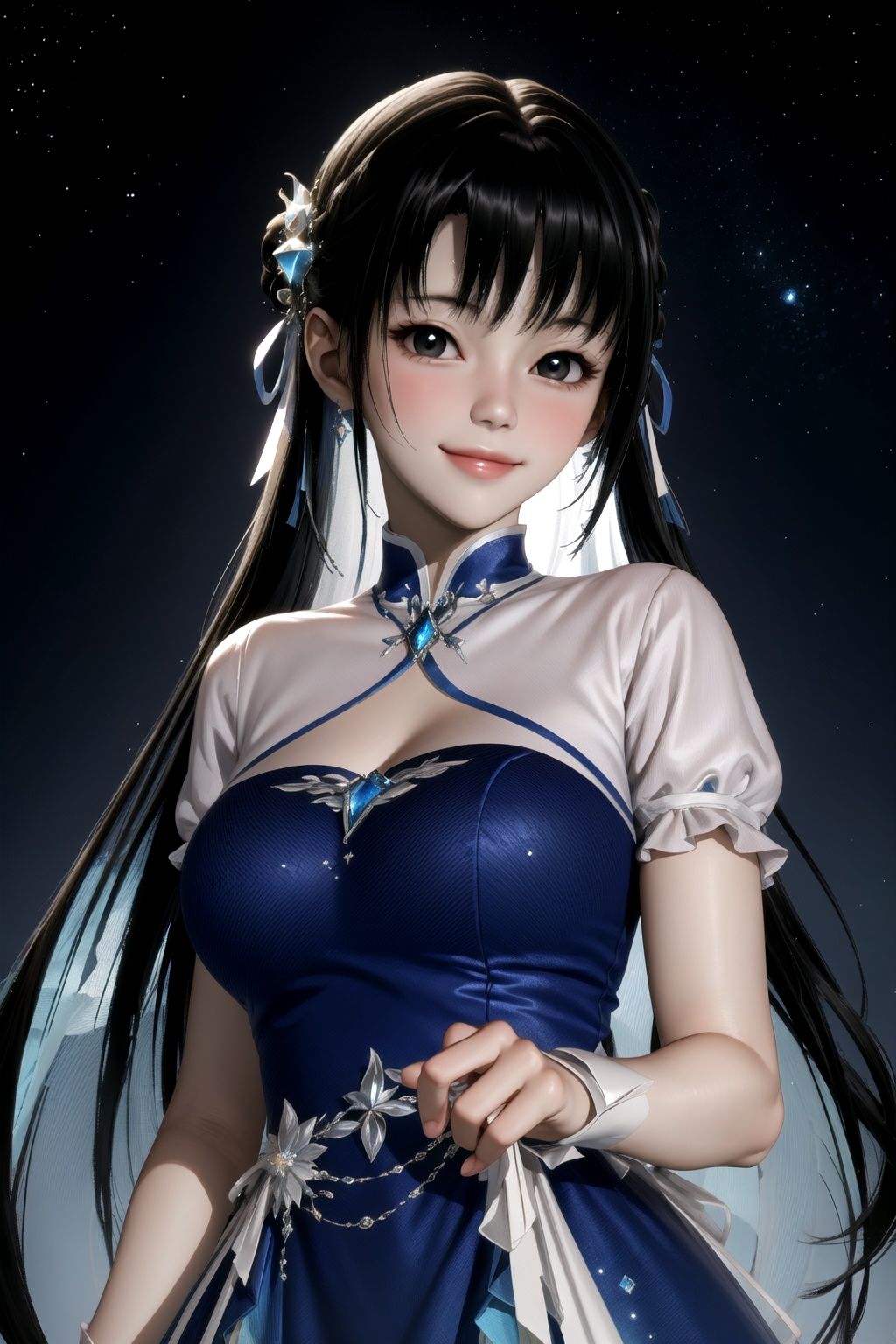 masterpiece,best quality,extremely detailed 8K wallpaper,looking at viewer,pov,1girl,zhaolinger,cutout,standing,upper body,blue_dress,smile,floating and rainbow long hair,Iridescence and rainbow, beautiful detailed starry sky,