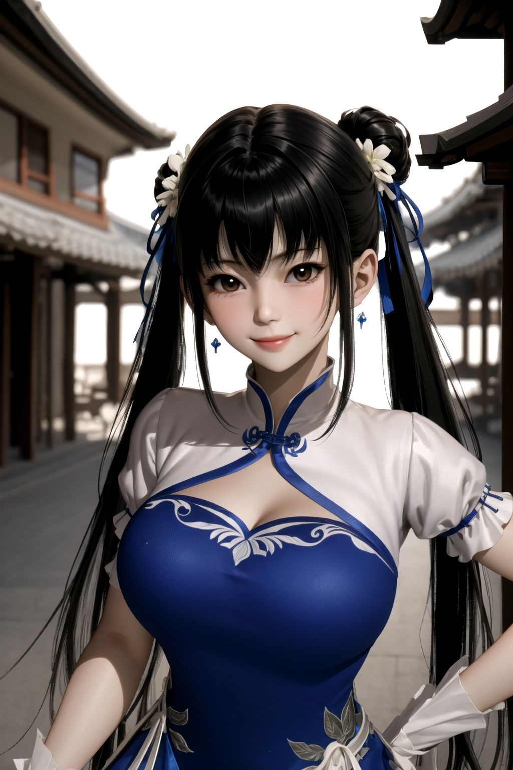 masterpiece,best quality,extremely detailed 8K wallpaper,looking at viewer,pov,1girl,zhaolinger,cutout,standing,upper body,blue_dress,smile,east_asian_architecture,