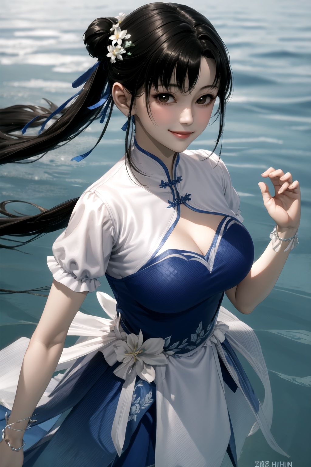 masterpiece,best quality,extremely detailed 8K wallpaper,looking at viewer,pov,1girl,zhaolinger,cutout,standing,upper body,blue_dress,smile,afloat,in water,floating hair,