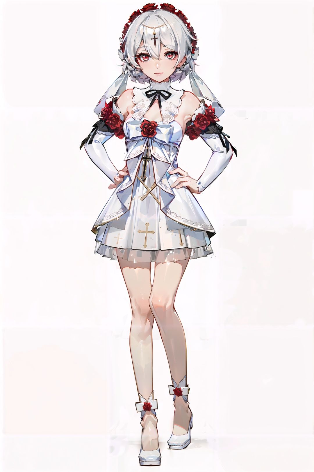 8k, best quality, masterpiece, (ultra-detailed:1.1), (high detailed skin), (full body:1.2), white background, standing, looking at viewer, solo, hand on hip, <lora:huajia-v100:1:lbw=OUTALL>, huajia, 1girl, theresa apocalypse, dress, red flower, white hair, white dress, flower, red rose, red eyes, wedding dress, bangs, bare shoulders, hair between eyes, hair ornament, bridal veil, (white background, simple background,:1.2), <lora:EnvyBetterHands LoCon_beta2 辅助:0.55>, ( good hands, nice hands:0.5), (beautiful_face), ((intricate_detail)), clear face, ((finely_detailed)), fine_fabric_emphasis, ((glossy)), full_shot, 