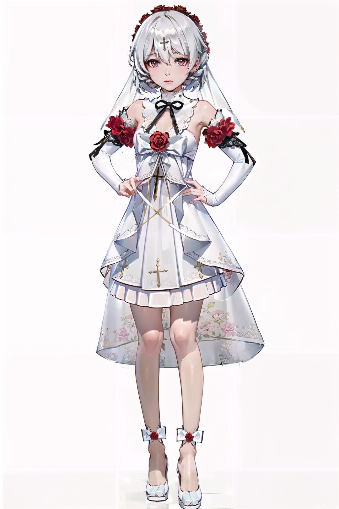 8k, best quality, masterpiece, (ultra-detailed:1.1), (high detailed skin), (full body:1.2), white background, standing, looking at viewer, solo, hand on hip, <lora:huajia-v100:1:lbw=OUTALL>, huajia, 1girl, theresa apocalypse, dress, red flower, white hair, white dress, flower, red rose, red eyes, wedding dress, bangs, bare shoulders, hair between eyes, hair ornament, bridal veil, (white background, simple background,:1.2), <lora:EnvyBetterHands LoCon_beta2 辅助:0.55>, ( good hands, nice hands:0.5), (beautiful_face), ((intricate_detail)), clear face, ((finely_detailed)), fine_fabric_emphasis, ((glossy)), full_shot, 