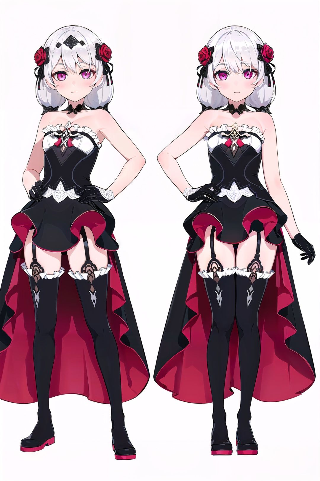 8k, best quality, masterpiece, (ultra-detailed:1.1), (high detailed skin), (full body:1.2), white background, standing, looking at viewer, s(olo:1.2), hand on hip, <lora:chuyong-v100:0.8:lbw=OUTALL>, yuexia, twintails, theresa apocalypse, hair ornament, black gloves, white hair, hair flower, bangs, rose, bare shoulders, thigh boots, black footwear, black strapless dress, black thighhighs, long dress, (white background, simple background,:1.2), <lora:EnvyBetterHands LoCon_beta2 辅助:0.55>, ( good hands, nice hands:0.5), (beautiful_face), ((intricate_detail)), clear face, ((finely_detailed)), fine_fabric_emphasis, ((glossy)), full_shot, 