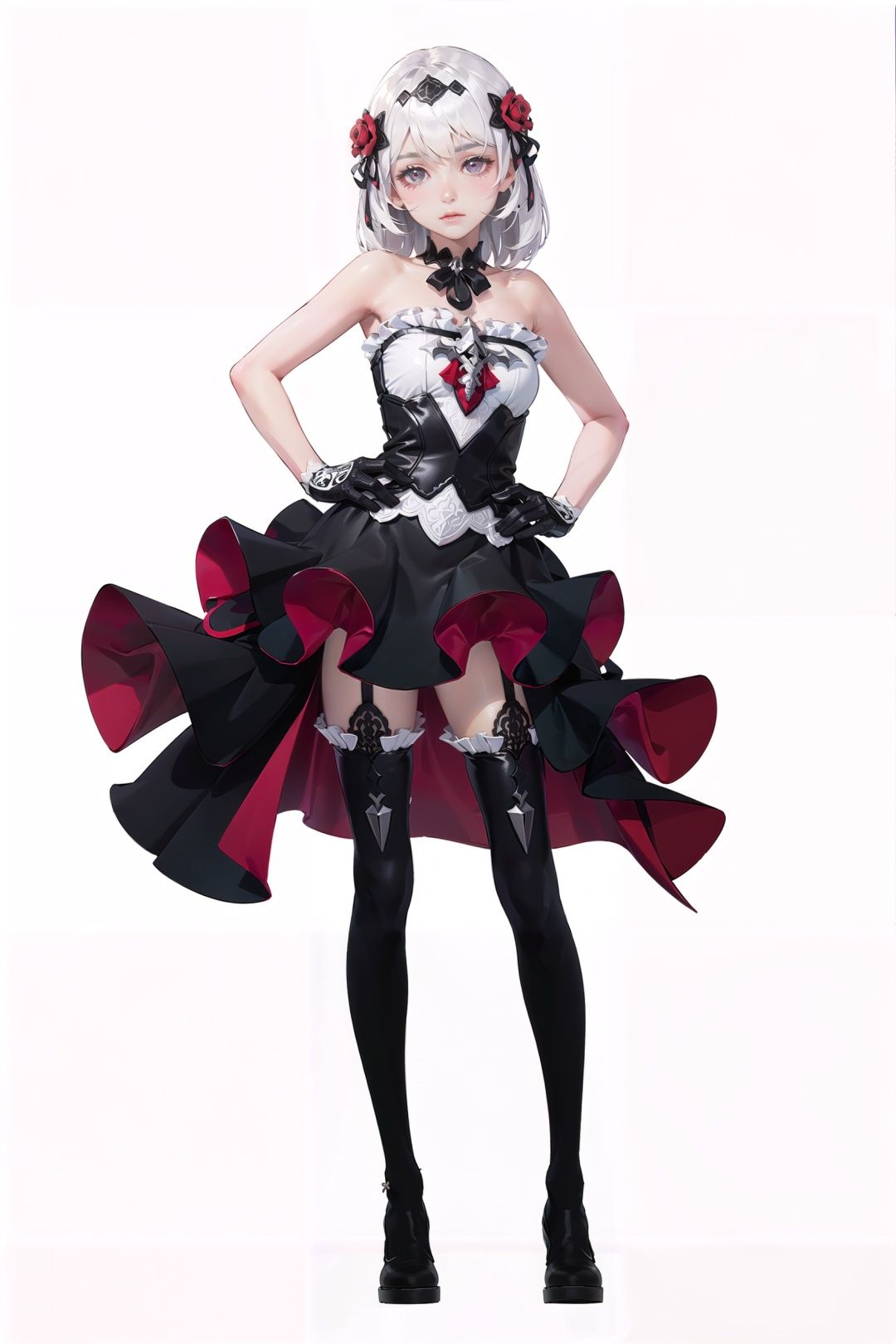 8k, best quality, masterpiece, (ultra-detailed:1.1), (high detailed skin), (full body:1.2), white background, standing, looking at viewer, solo, hand on hip, <lora:chuyong-v100:0.8:lbw=OUTALL>, yuexia, theresa apocalypse, hair ornament, black gloves, white hair, hair flower, bangs, rose, bare shoulders, thigh boots, black footwear, black strapless dress, black thighhighs, (white background, simple background,:1.2), <lora:EnvyBetterHands LoCon_beta2 辅助:0.55>, ( good hands, nice hands:0.5), (beautiful_face), ((intricate_detail)), clear face, ((finely_detailed)), fine_fabric_emphasis, ((glossy)), full_shot, 