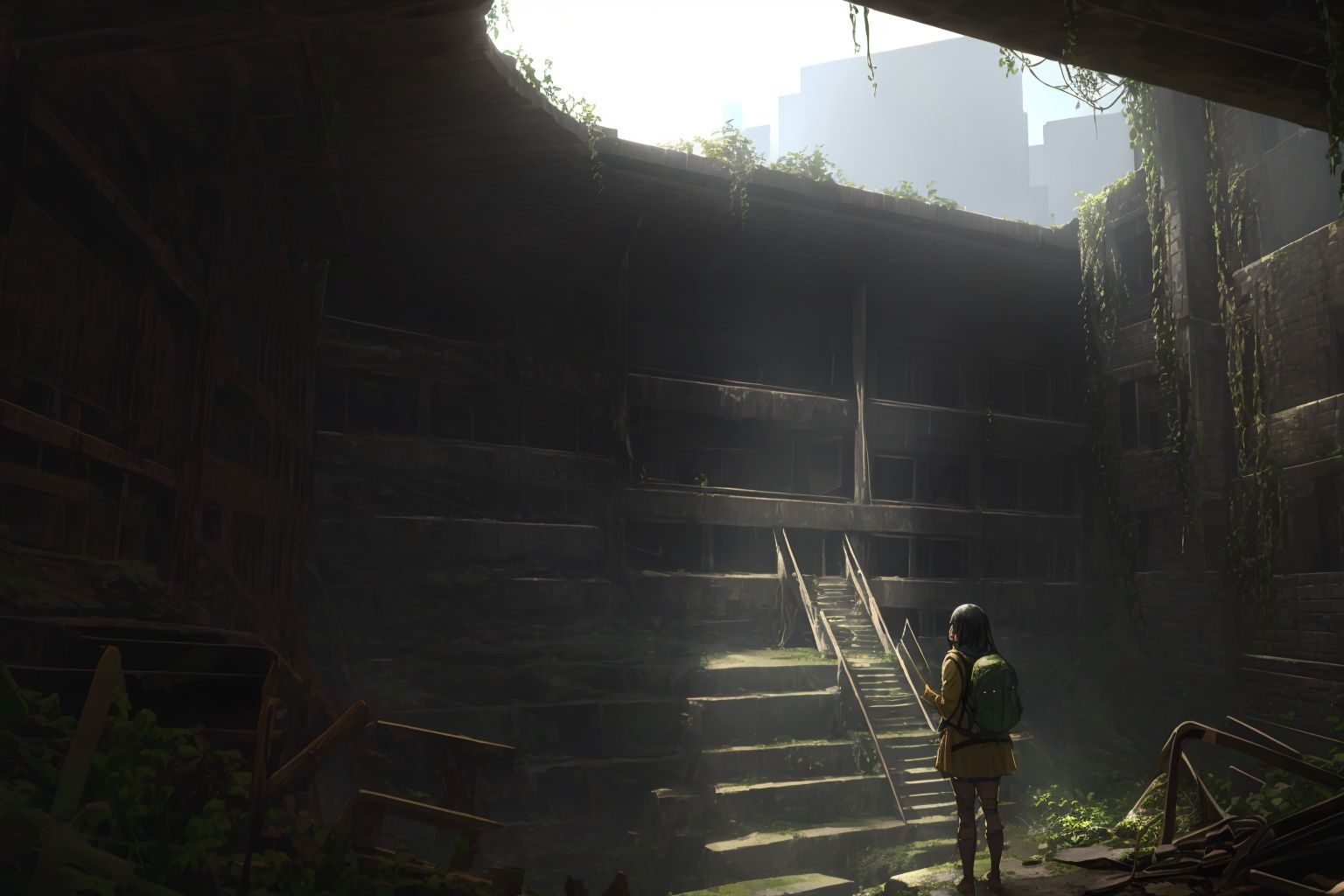  (masterpiece, best quality, high quality, real, realistic, super detailed,full detail,4k,8k),

NYLostRuins, backpack, ruins, scenery, overgrown, post-apocalypse, bag, solo, 1girl, moss, outdoors, sign, sunlight, from behind, black hair, light rays, stairs, weapon, facing away, ground vehicle, plant, day, building, sunbeam