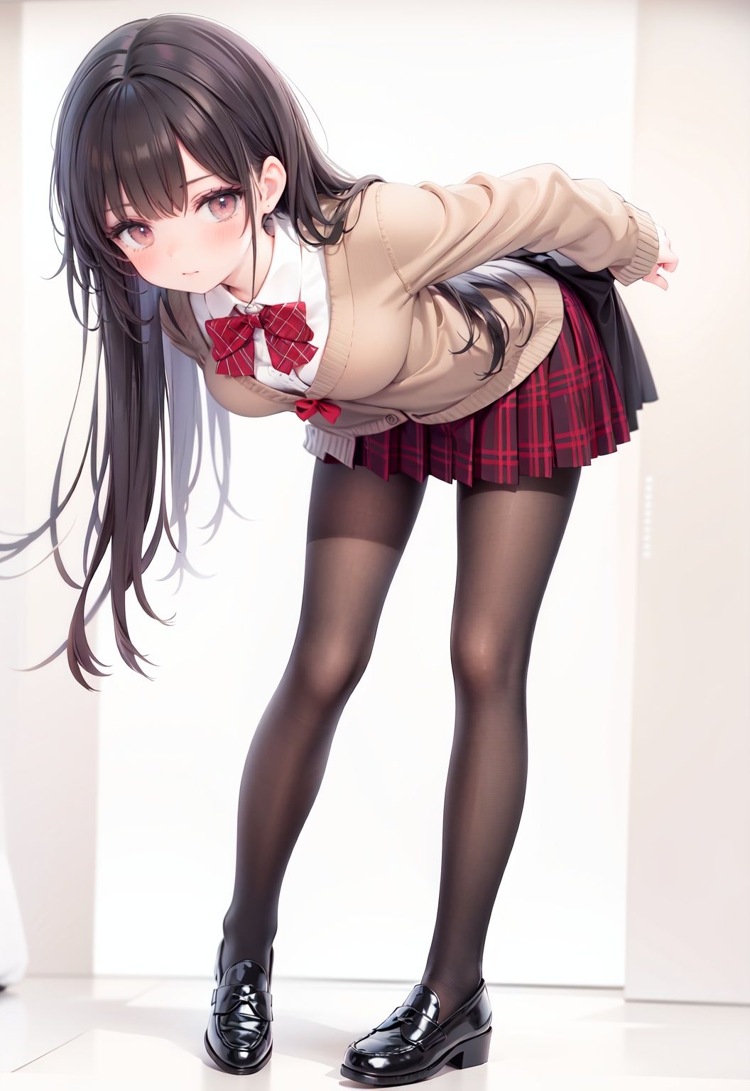  1girl, solo, pantyhose, skirt, long hair, loafers, shoes, simple background, school uniform, brown eyes, plaid, black pantyhose, plaid skirt, looking at viewer, black hair, pantyhose pull, full body, clothes pull, black footwear, pleated skirt, leaning forward, bangs, long sleeves, bent over, cardigan, bow, bowtie, standing, closed mouth, pulled by self, grey background, blush, miniskirt, red bow, sweater, **********
