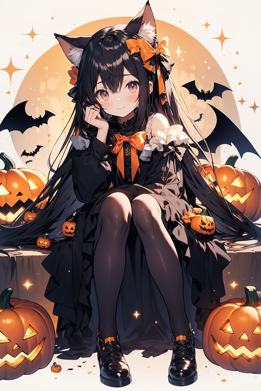 WANSHENG, 1girl, long hair, solo, orange bow, black hair, bow, pantyhose, wings, very long hair, orange eyes, long sleeves, dress, looking at viewer, black footwear, black pantyhose, black dress, sitting, bangs, frills, halloween, closed mouth, bat \(animal\), jack-o'-lantern, full body, shoes, frilled dress, orange bowtie, puffy sleeves, simple background, hand up, lolita fashion, blush, sparkle, white background, animal ears, pumpkin