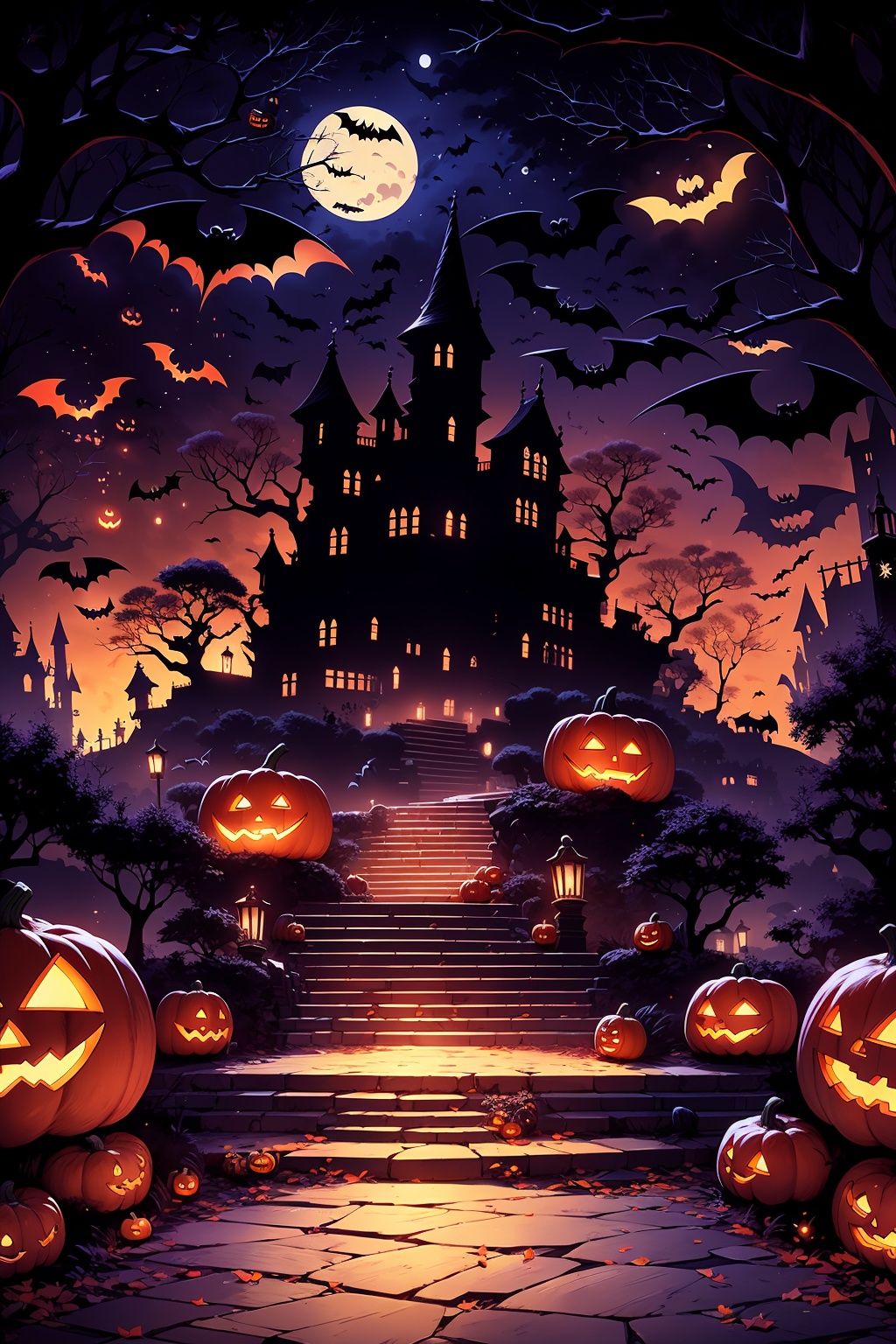 WANSHENG, jack-o'-lantern, halloween, tree, stairs, pumpkin, scenery, outdoors, night, from behind, standing, sky, solo, bare tree, silhouette, bat \(animal\), star \(sky\), glowing, moon, 1other, holding