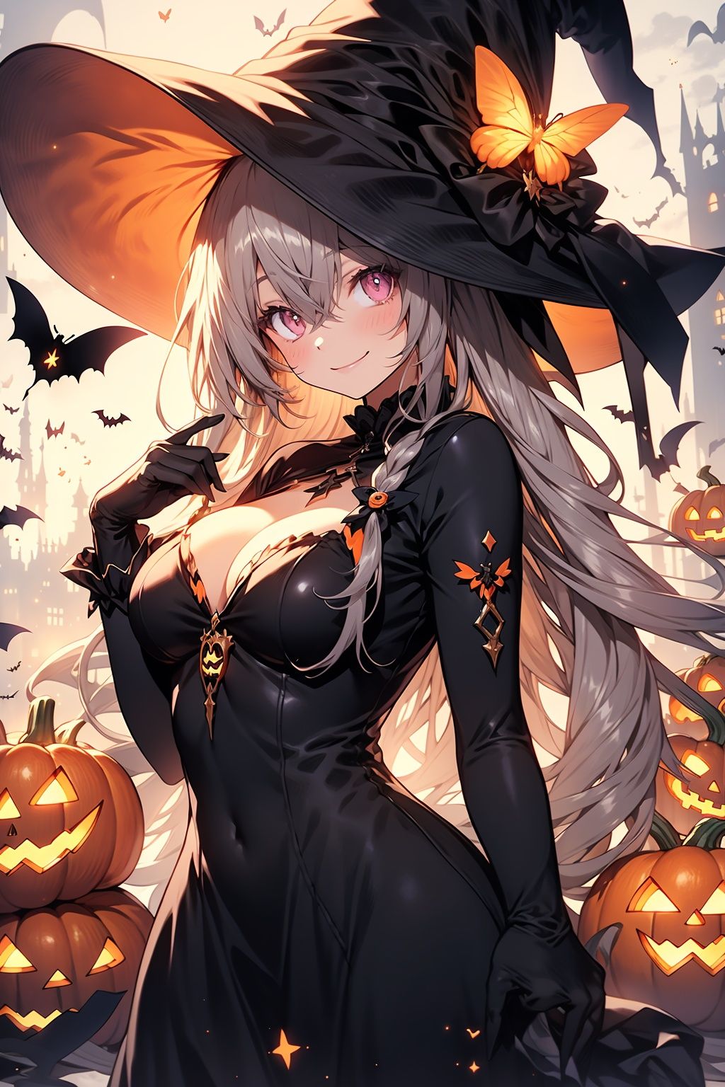 WANSHENG, 1girl, hat, solo, gloves, breasts, long hair, black gloves, witch hat, looking at viewer, black headwear, dress, hair over one eye, jack-o'-lantern, black dress, bug, halloween, smile, cleavage, upper body, medium breasts, grey hair, butterfly, witch, closed mouth, hand up, pumpkin, pink eyes, blush, clothing cutout