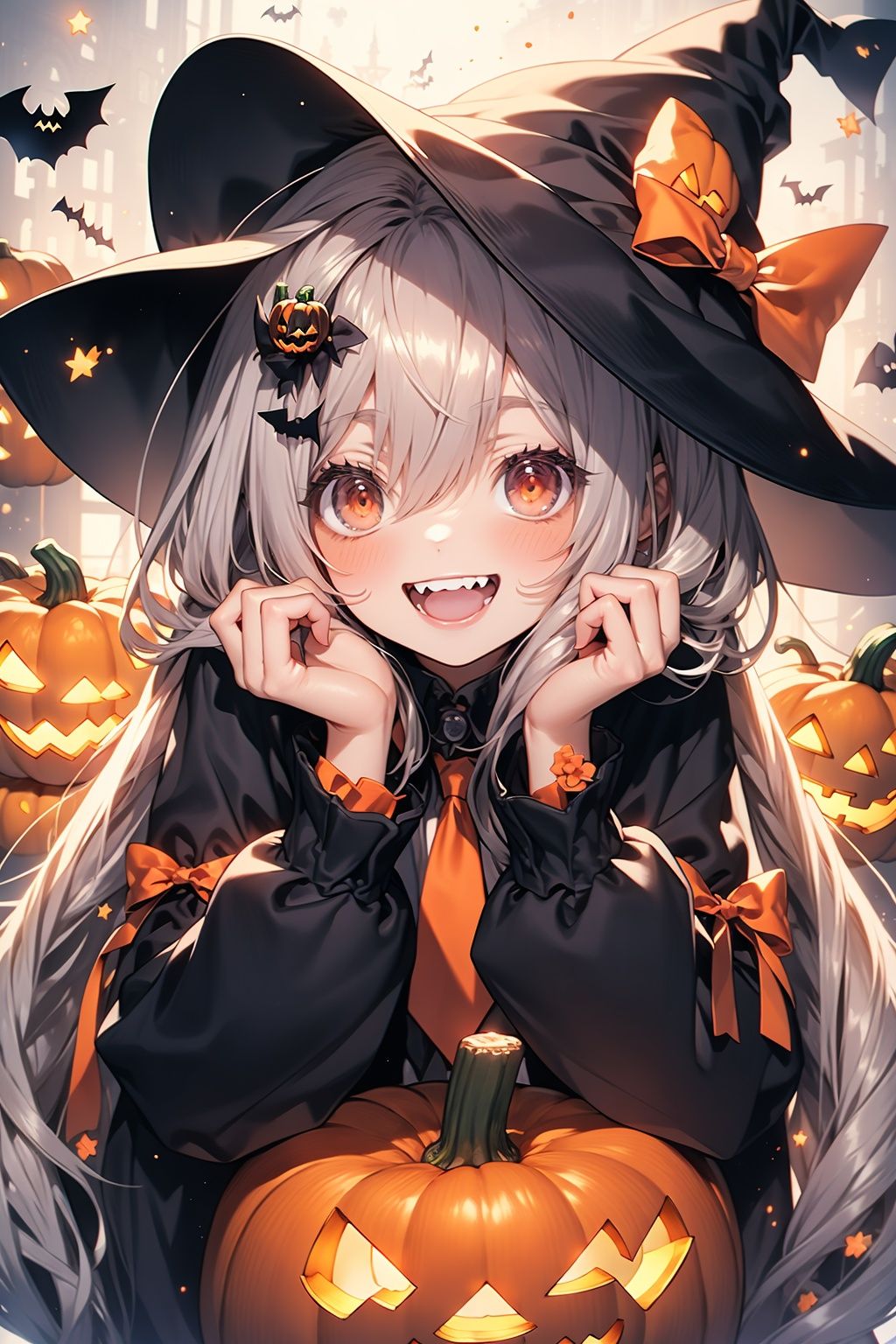 WANSHENG, 1girl, red eyes, hat, long hair, hair ornament, solo, looking at viewer, long sleeves, smile, fang, necktie, bangs, halloween, ghost, brown hair, jack-o'-lantern, holding, blush, :d, open mouth, hair between eyes, bow, black headwear, grey hair, puffy sleeves, puffy long sleeves, skin fang, black bow, candy, hairclip, food, very long hair, food-themed hair ornament, pumpkin