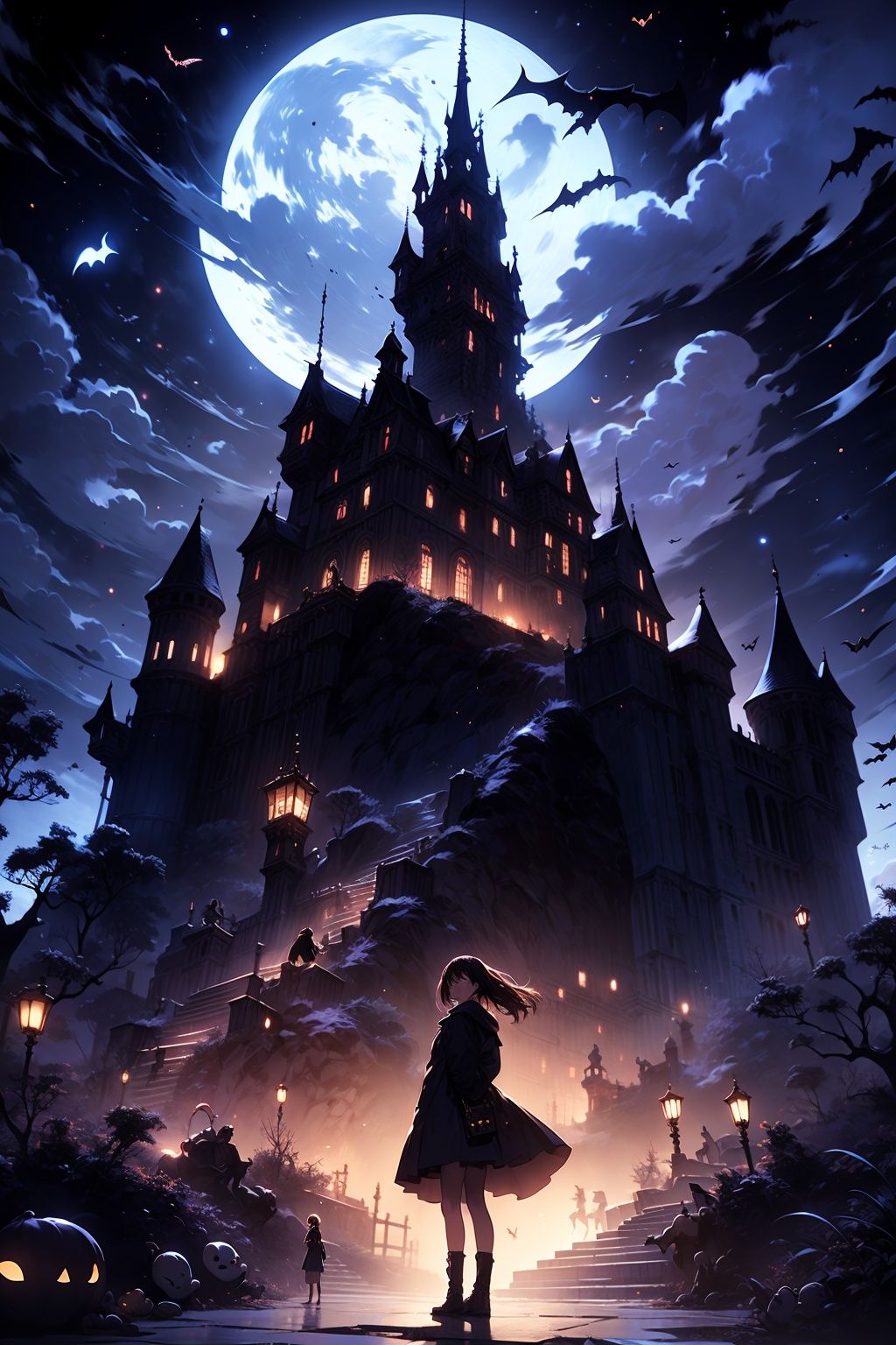 WANSHENG,  A girl standing in front of a castle, Night,Little ghosts