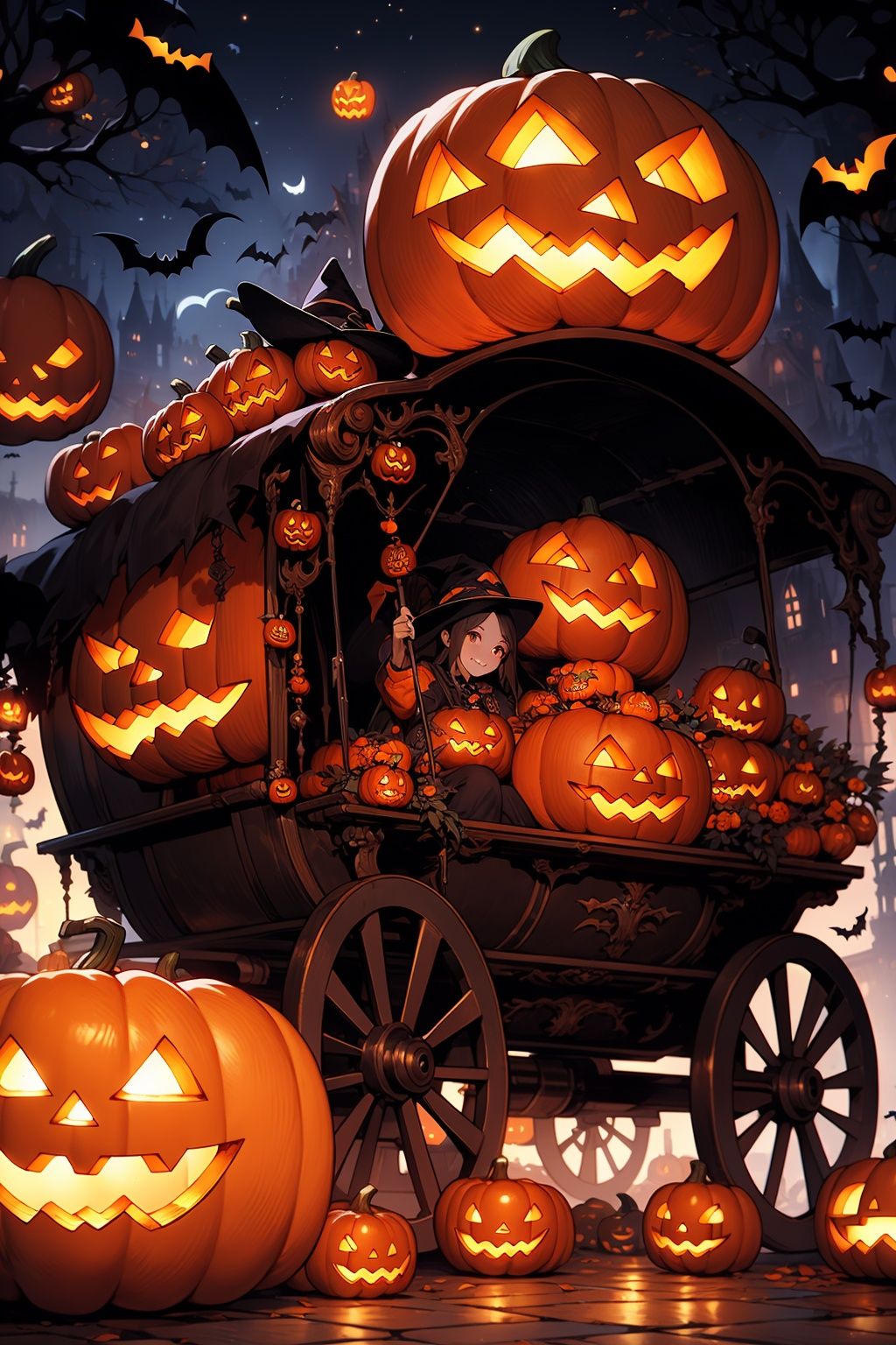 WANSHENG,  jack-o'-lantern,halloween,wagon,pumpkin wagon,1girl, 