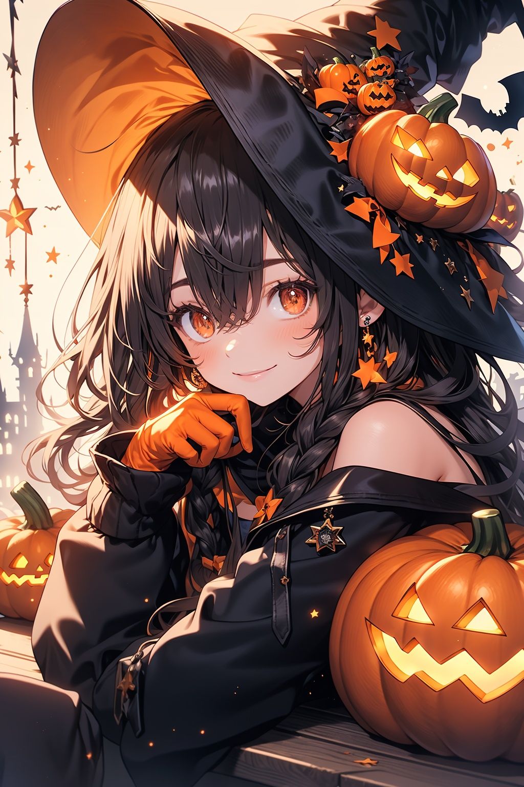 WANSHENG, 1girl, solo, gloves, hat, witch hat, long hair, looking at viewer, upper body, braid, smile, jewelry, brown hair, halloween, long sleeves, black headwear, bangs, orange gloves, star \(symbol\), jack-o'-lantern, hair ornament, closed mouth, off shoulder, black background, earrings, shirt, food-themed hair ornament, orange bow, orange ribbon, jacket, black jacket, brown eyes, hair between eyes, hat ornament, hand up, pumpkin, orange eyes, pumpkin hair ornament