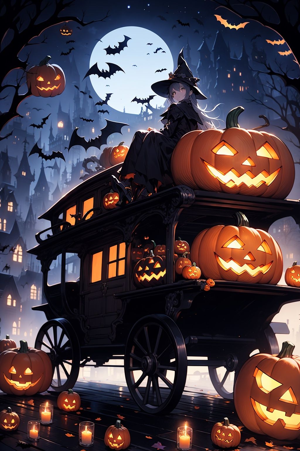 WANSHENG,  jack-o'-lantern,halloween,wagon,pumpkin wagon,1girl, 