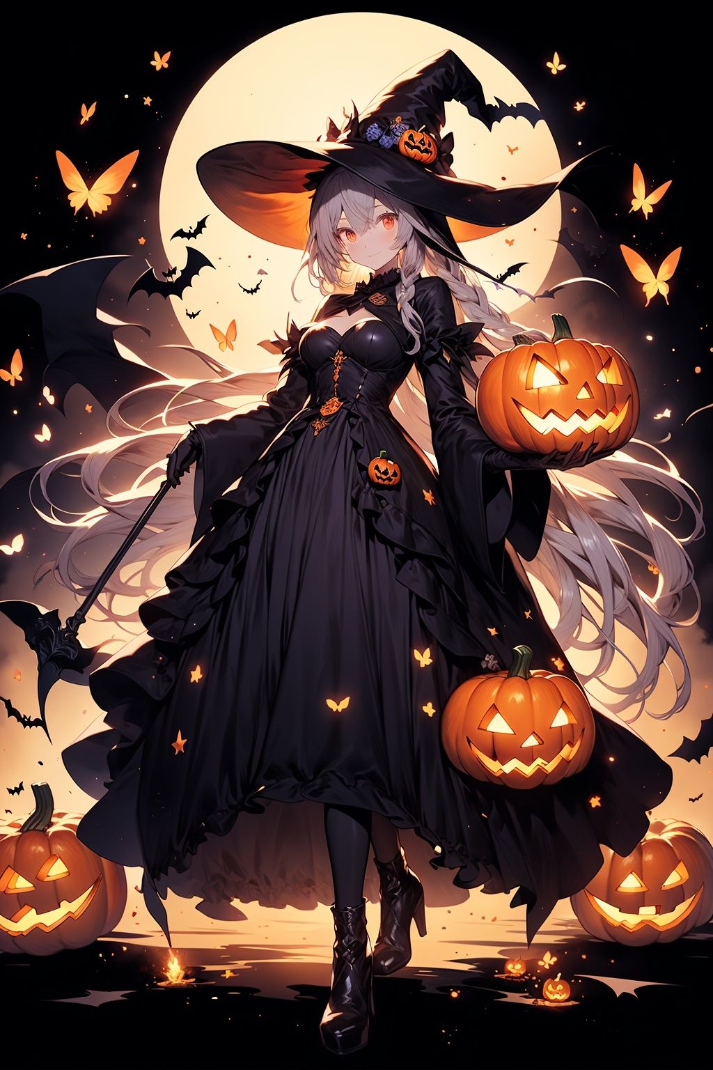 WANSHENG, 1girl, hat, solo, long hair, dress, witch hat, bug, butterfly, holding, black dress, looking at viewer, black footwear, jack-o'-lantern, very long hair, red eyes, flower, black headwear, witch, full body, hat flower, long sleeves, halloween, bangs, grey hair, frills, closed mouth, bow, breasts, gloves, high heels, orange flower, pumpkin, standing, black background, boots, pantyhose, black gloves, fire, wide sleeves, black pantyhose, long dress, staff, frilled dress