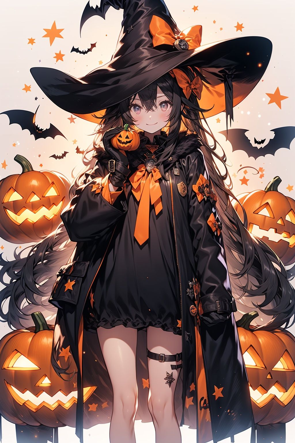 WANSHENG, 1girl, long hair, holding, gloves, solo, halloween, red eyes, looking at viewer, hat, jack-o'-lantern, hair ornament, ghost, bangs, witch hat, smile, very long hair, pumpkin, bandaid, bandaid on leg, feet out of frame, bow, orange bow, long sleeves, black gloves, black headwear, white background, coat, black coat, cat, animal, blush, jacket, standing, hair between eyes