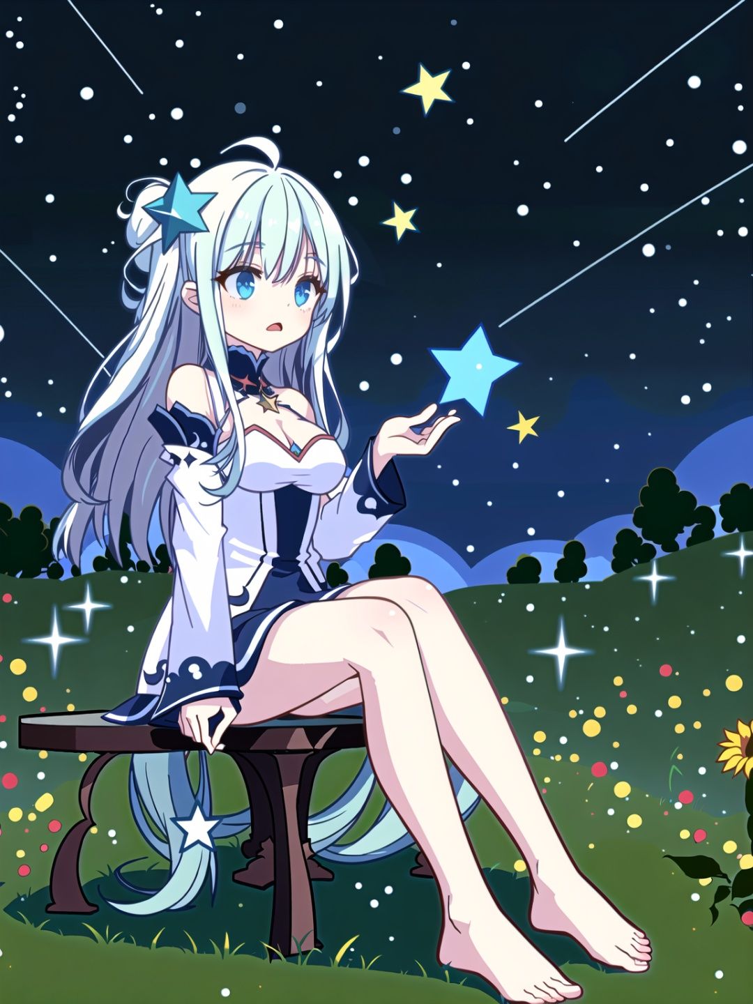 1girl,solo,sitting,long hair,breasts,star \(sky\),looking up,blue eyes,sky,starry sky,see-through sleeves,dress,bare shoulders,bangs,night,closed mouth,grass,white hair,see-through,outdoors,long sleeves,medium breasts,cleavage,shooting star,night sky,blush,hair between eyes,hair ornament,looking away,very long hair,thighs,flower,looking afar,feet out of frame,detached sleeves,collarbone,constellation,short dress,//,<lora:GenshinSimpleGraph-000160:0.95>,