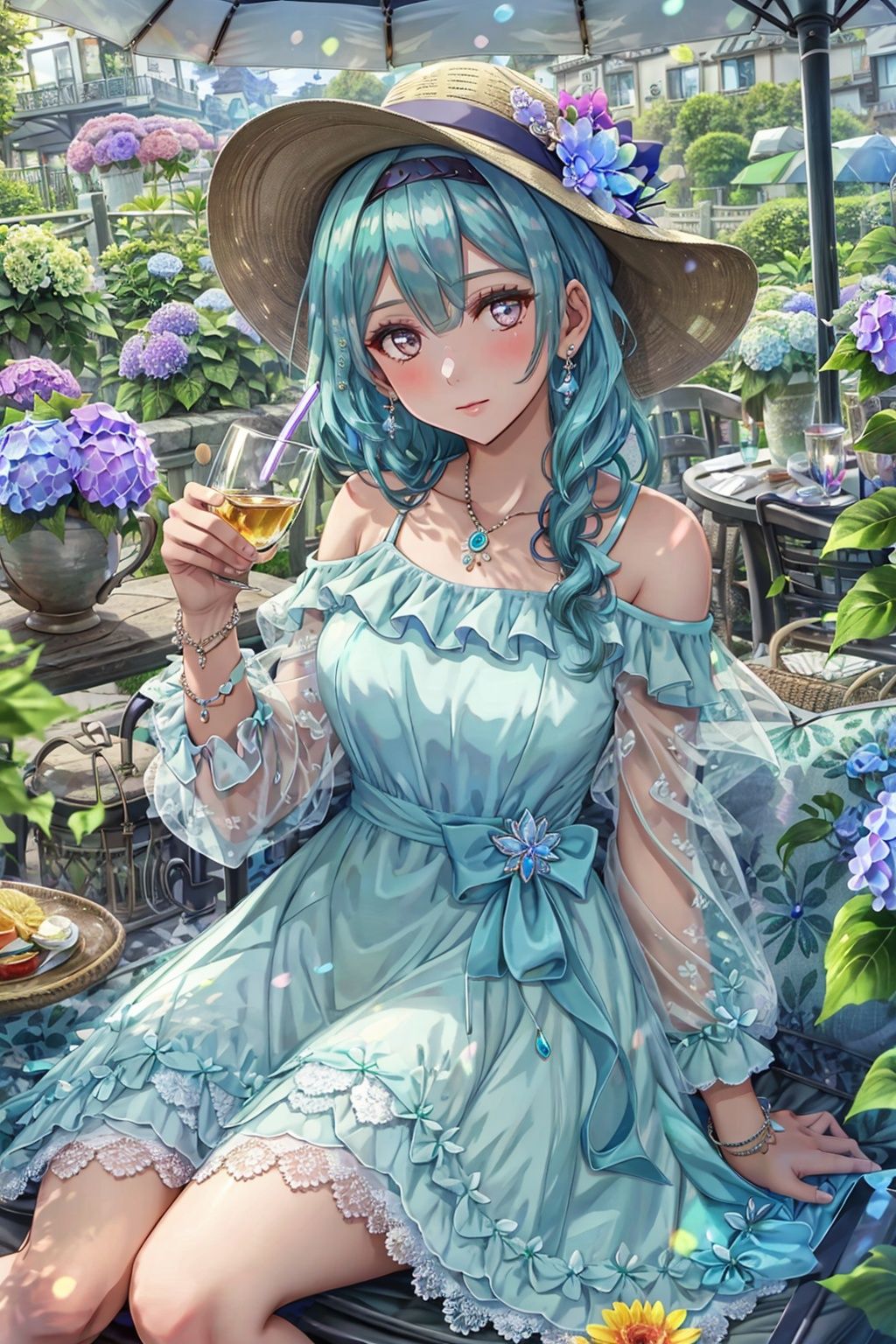 flower, 1girl, jewelry, hydrangea, dress, cup, hat, bracelet, drinking glass, umbrella, ribbon, looking at viewer