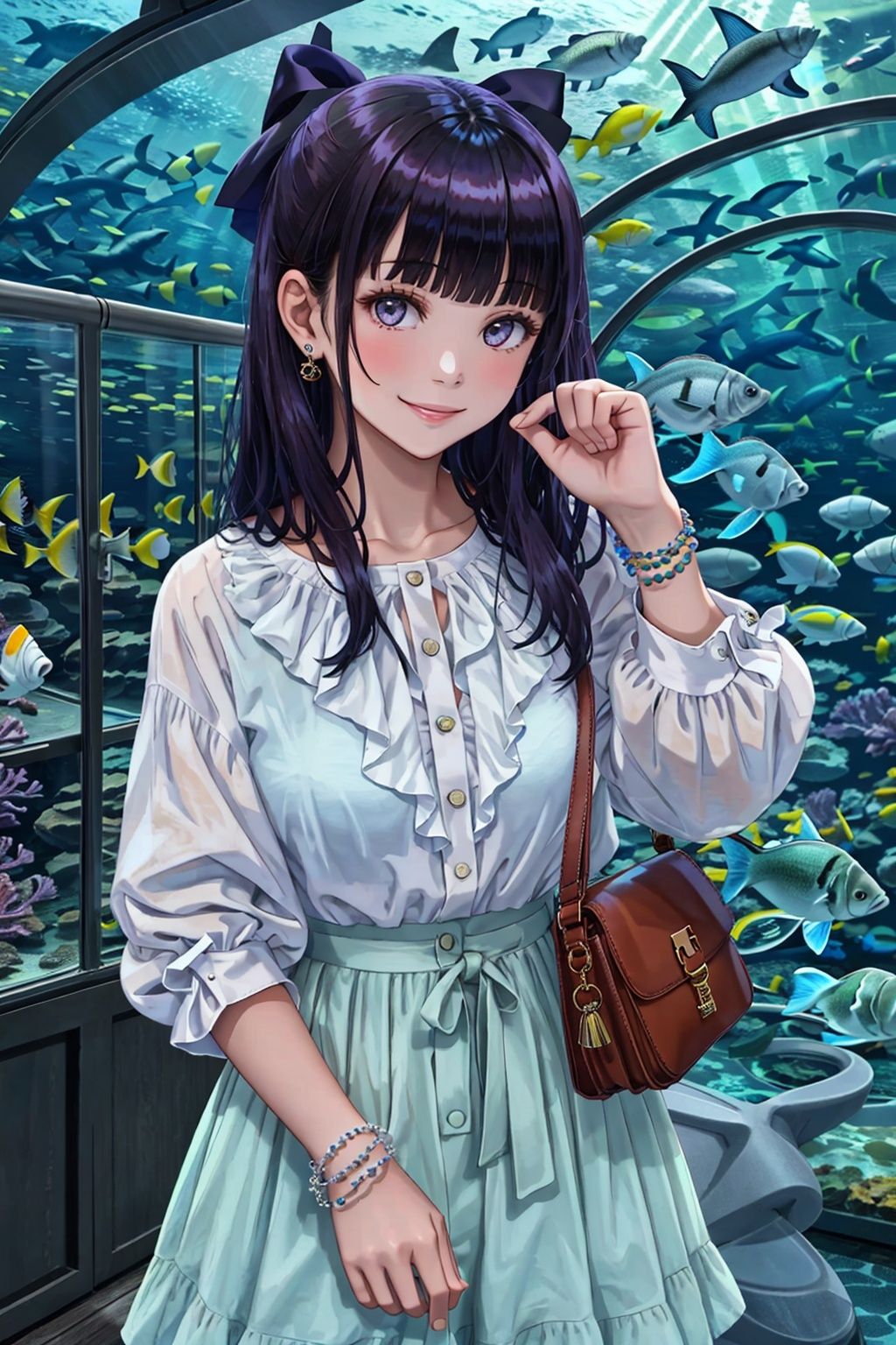 bag, handbag, 1girl, shoulder bag, long hair, very long hair, bracelet, smile, skirt, looking at viewer, aquarium, jewelry, nature, solo, bangs, fish, frills