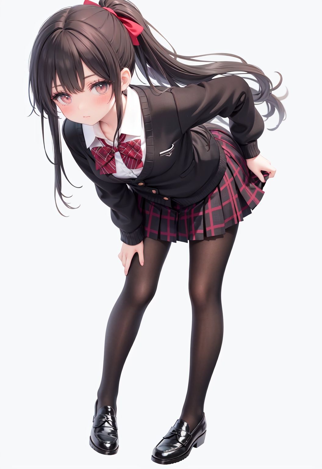  1girl, solo, pantyhose, skirt, long hair, loafers, shoes, simple background, school uniform, brown eyes, plaid, black pantyhose, plaid skirt, looking at viewer, black hair, pantyhose pull, full body, clothes pull, black footwear, pleated skirt, leaning forward, bangs, long sleeves, bent over, cardigan, bow, bowtie, standing, closed mouth, pulled by self, grey background, blush, miniskirt, red bow, sweater, **********