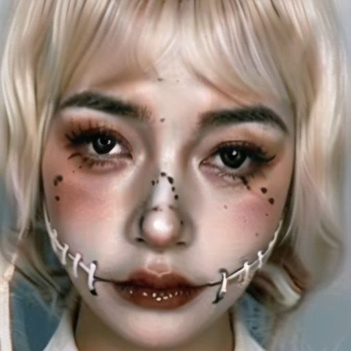1girl,face of sealing the needle,stitches,solo,blonde hair,portrait,looking at viewer,realistic,closed mouth,black eyes,lips,close-up,bangs,realstic,halloween facial makeup,<lora:00008:0.8>,