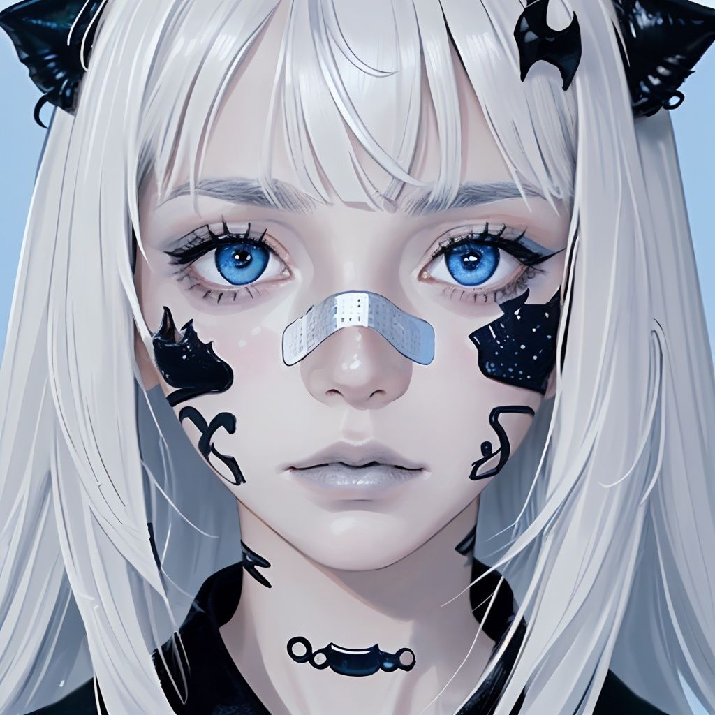 1girl, solo, portrait, looking at viewer, silvery bandaid, black and white hair, bandaid on face, lips, closed mouth, close-up, blue eyes, bangs, blue theme, long hair, Capricorn, realstic, halloween facial makeup,<lora:00008:0.3>,