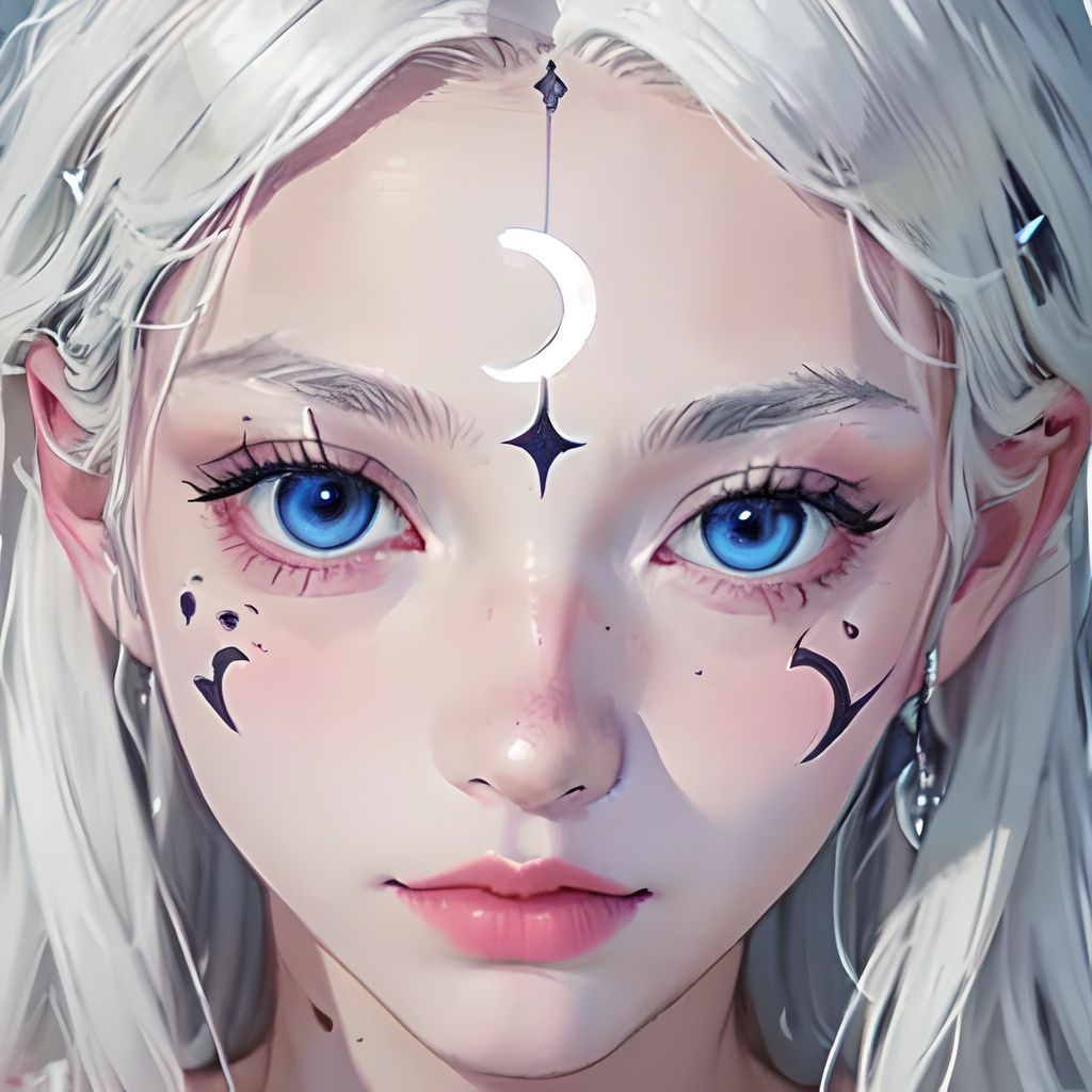 1girl,solo,white hair,white Moon,crescent,star,looking at viewer,blue eyes,portrait,lips,long hair,facial mark,eyelashes,closed mouth,close-up,forehead mark,nose,realstic,halloween facial makeup