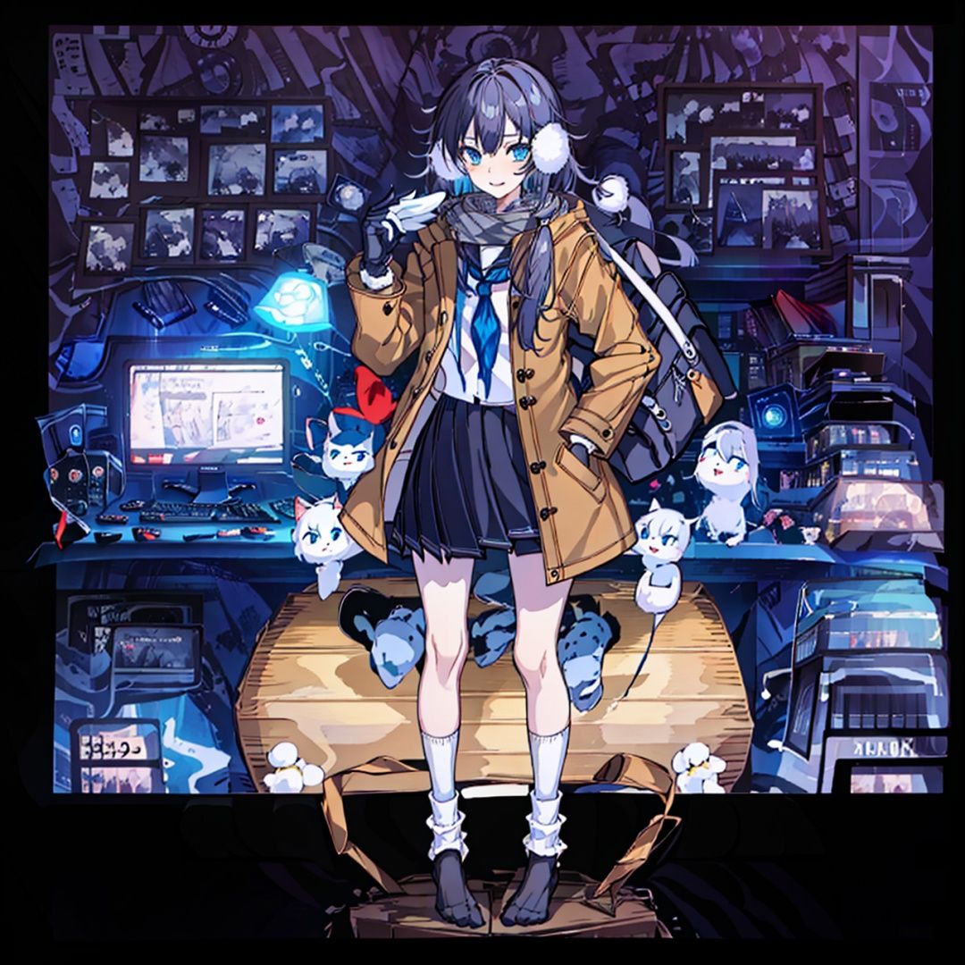 (masterpiece:1.3),(the best quality:1.2),(super fine illustrations:1.2),(Masterpiece),high quality,high detail,(white background:1.2),looking at viewer,(SOLO:1.4),outline,simplebackground,, scarf,skirt,bag,school bag,school uniform,bag charm,plaid scarf,shoulder bag,gloves,blue skirt,silk,brown footwear,shoes,scarf over mouth,duffel bag,fu hua,blue_eyes,hair_between_eyes,(white earmuffs),pleated skirt,((serafuku, (((loose socks, ))) white scarf, neckerchief, )),