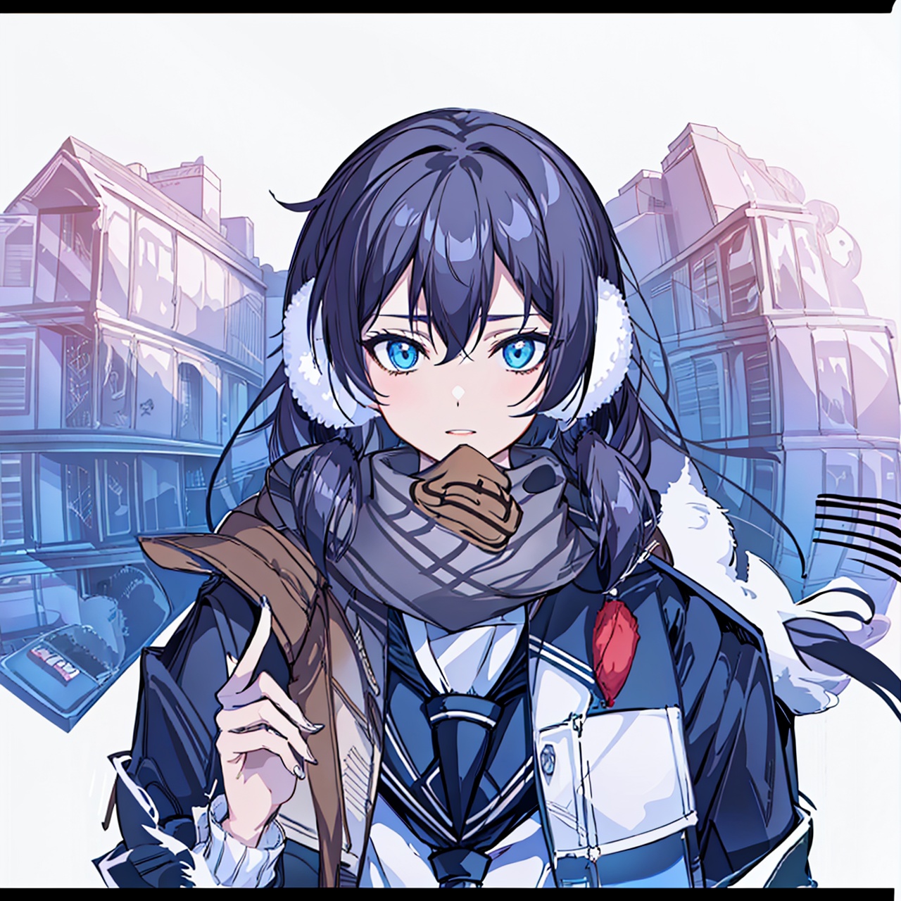  (masterpiece:1.3),(the best quality:1.2),(super fine illustrations:1.2),(Masterpiece),high quality,high detail,(white background:1.2),looking at viewer,(SOLO:1.4),outline,simplebackground,, scarf,skirt,bag,school bag,school uniform,bag charm,plaid scarf,shoulder bag,gloves,blue skirt,silk,brown footwear,shoes,scarf over mouth,duffel bag,fu hua,blue_eyes,hair_between_eyes,(white earmuffs),pleated skirt,((serafuku, (((loose socks, ))) white scarf, neckerchief, )),