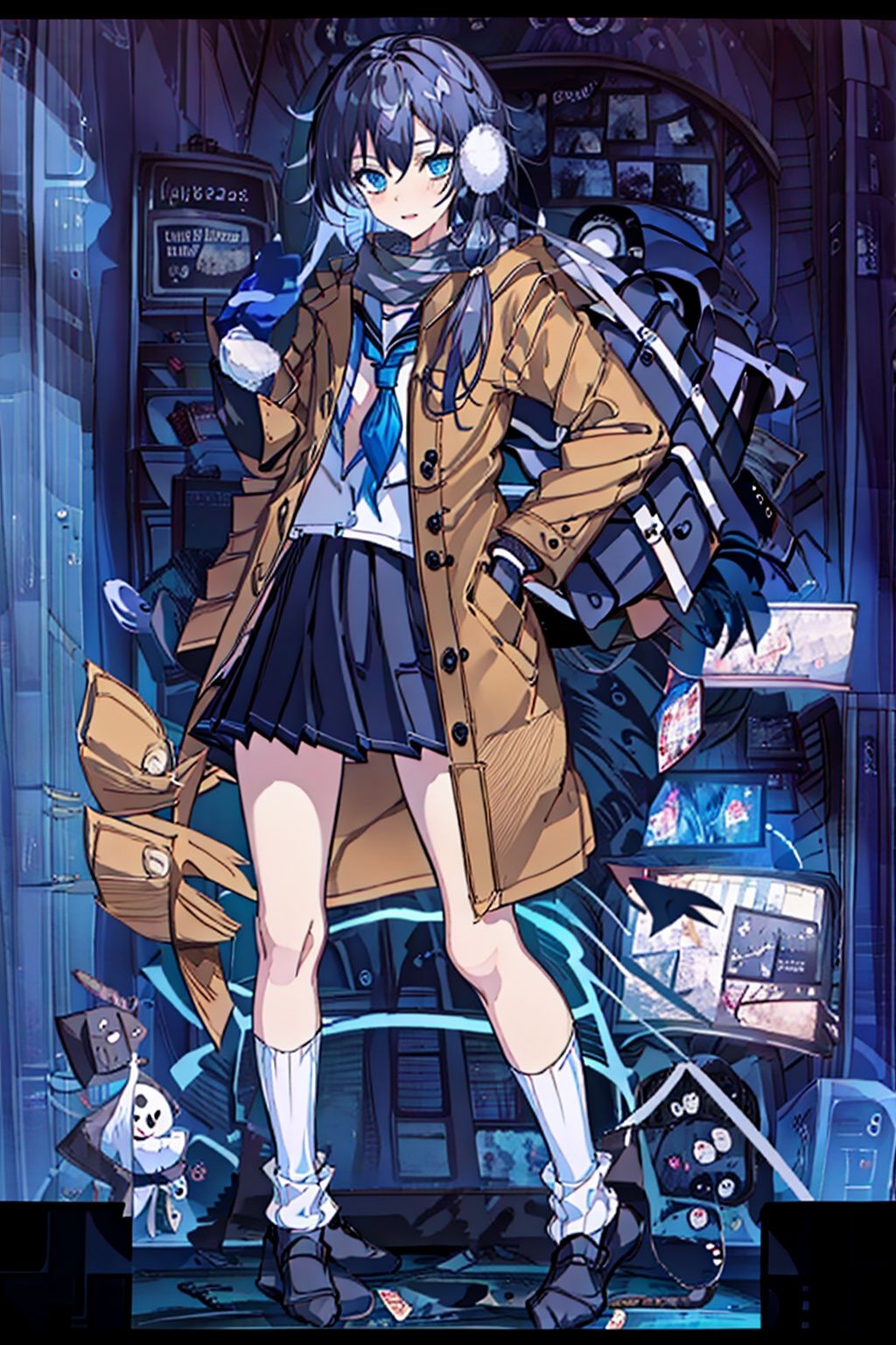 (masterpiece:1.3),(the best quality:1.2),(super fine illustrations:1.2),(Masterpiece),high quality,high detail,(white background:1.2),looking at viewer,(SOLO:1.4),outline,simplebackground,, scarf,skirt,bag,school bag,school uniform,bag charm,plaid scarf,shoulder bag,gloves,blue skirt,silk,brown footwear,shoes,scarf over mouth,duffel bag,fu hua,blue_eyes,hair_between_eyes,(white earmuffs),pleated skirt,((serafuku, (((loose socks, ))) white scarf, neckerchief, )),