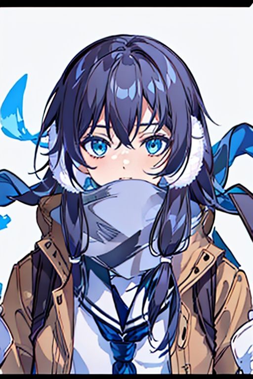 (masterpiece:1.3),(the best quality:1.2),(super fine illustrations:1.2),(Masterpiece),high quality,high detail,(white background:1.2),looking at viewer,(SOLO:1.4),outline,simple background,<lora:符华-委员长test:0.8>, scarf,skirt,bag,school bag,school uniform,bag charm,plaid scarf,shoulder bag,gloves,blue skirt,silk,brown footwear,shoes,scarf over mouth,duffel bag,fu hua,blue_eyes,hair_between_eyes,(white earmuffs),pleated skirt,((serafuku, (((loose socks, ))) white scarf, neckerchief, )),