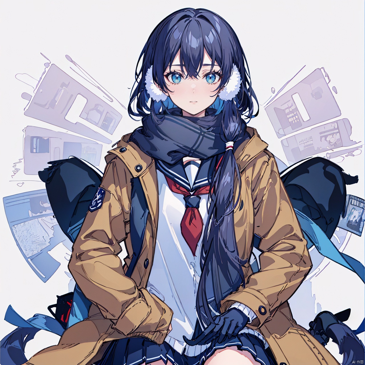 (masterpiece:1.3),(the best quality:1.2),(super fine illustrations:1.2),(Masterpiece),high quality,high detail,(white background:1.2),looking at viewer,(SOLO:1.4),outline,simplebackground,, scarf,skirt,bag,school bag,school uniform,bag charm,plaid scarf,shoulder bag,gloves,blue skirt,silk,brown footwear,shoes,scarf over mouth,duffel bag,fu hua,blue_eyes,hair_between_eyes,(white earmuffs),pleated skirt,((serafuku, (((loose socks, ))) white scarf, neckerchief, )),