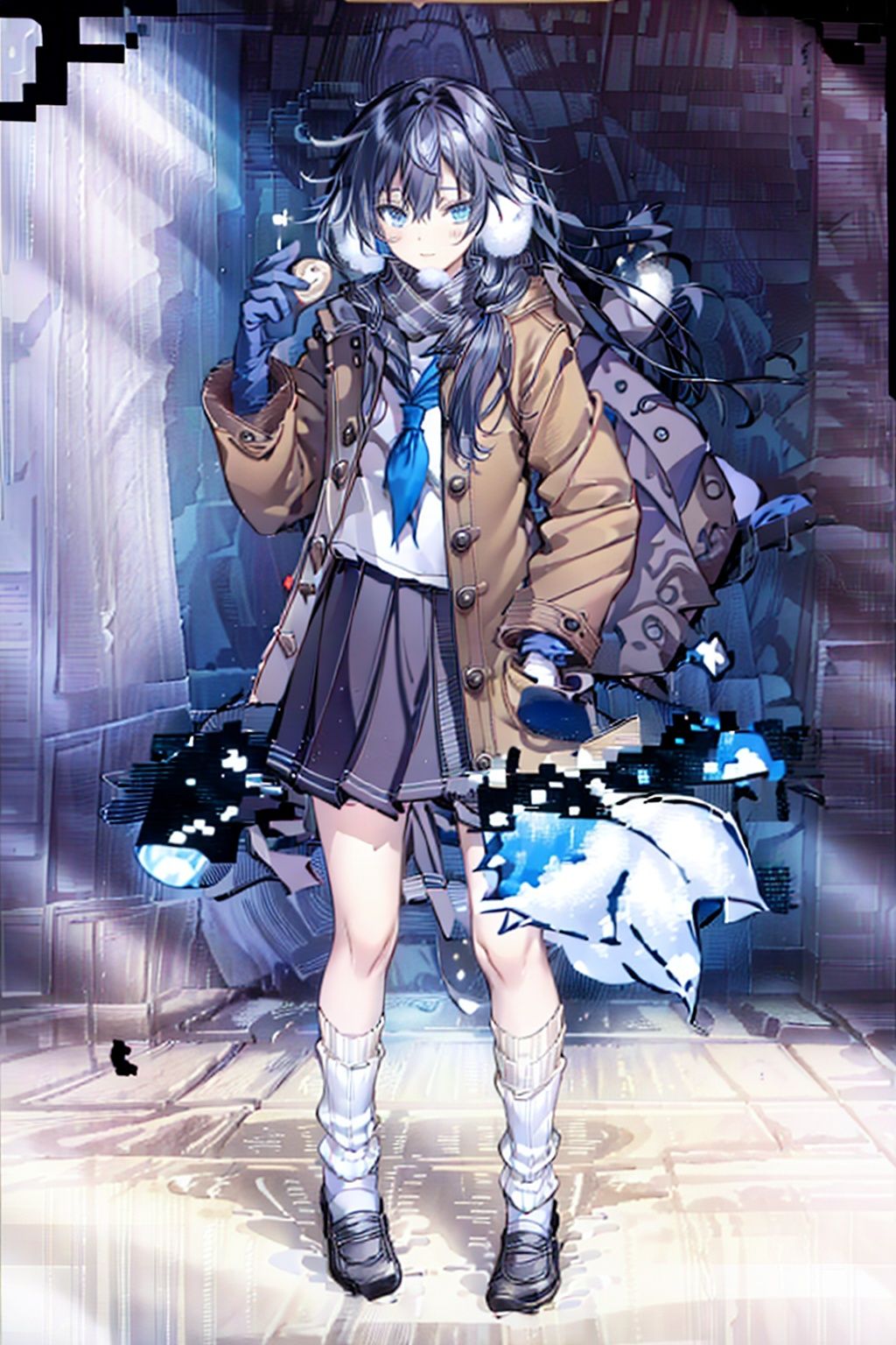 (masterpiece:1.3),(the best quality:1.2),(super fine illustrations:1.2),(Masterpiece),high quality,high detail,(white background:1.2),looking at viewer,(SOLO:1.4),outline,simplebackground,, scarf,skirt,bag,school bag,school uniform,bag charm,plaid scarf,shoulder bag,gloves,blue skirt,silk,brown footwear,shoes,scarf over mouth,duffel bag,fu hua,blue_eyes,hair_between_eyes,(white earmuffs),pleated skirt,((serafuku, (((loose socks, ))) white scarf, neckerchief, )),
